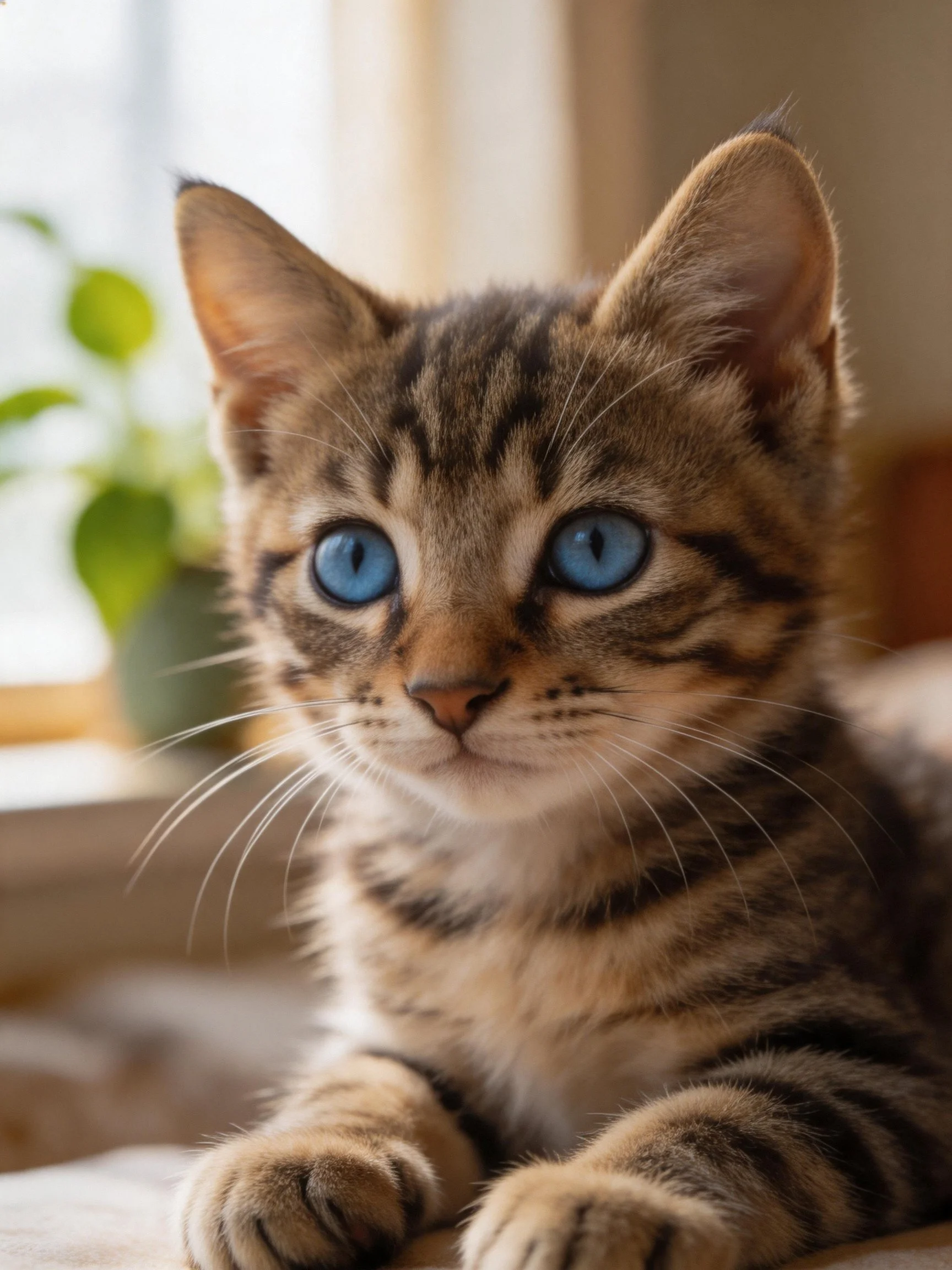 A small tabby kitten with blue eyes sits near a window indoors