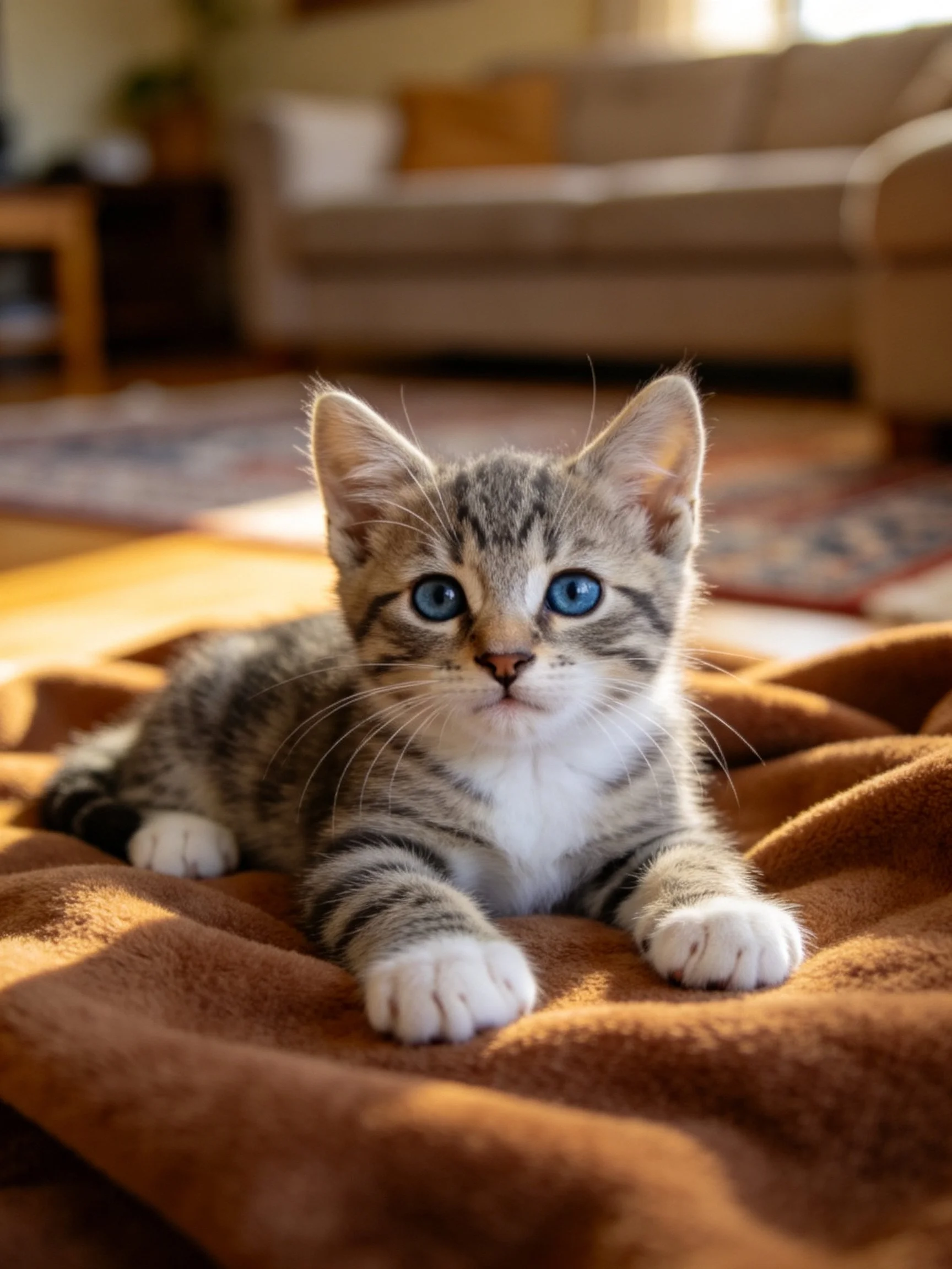A small tabby kitten with blue eyes relaxes on a soft blanket in a cozy home.
