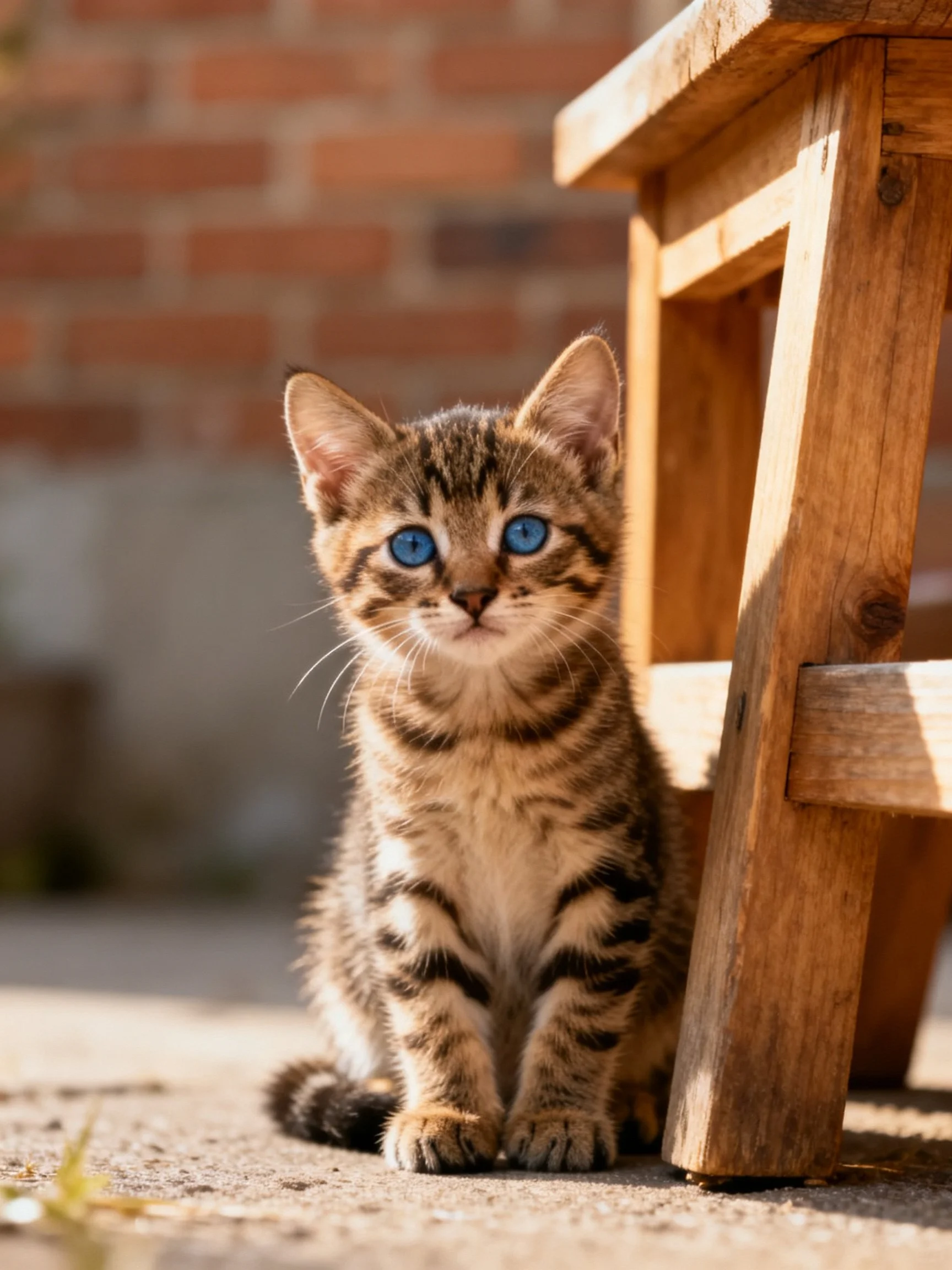 A small tabby kitten with blue eyes sits near a wooden structure by a brick wall.