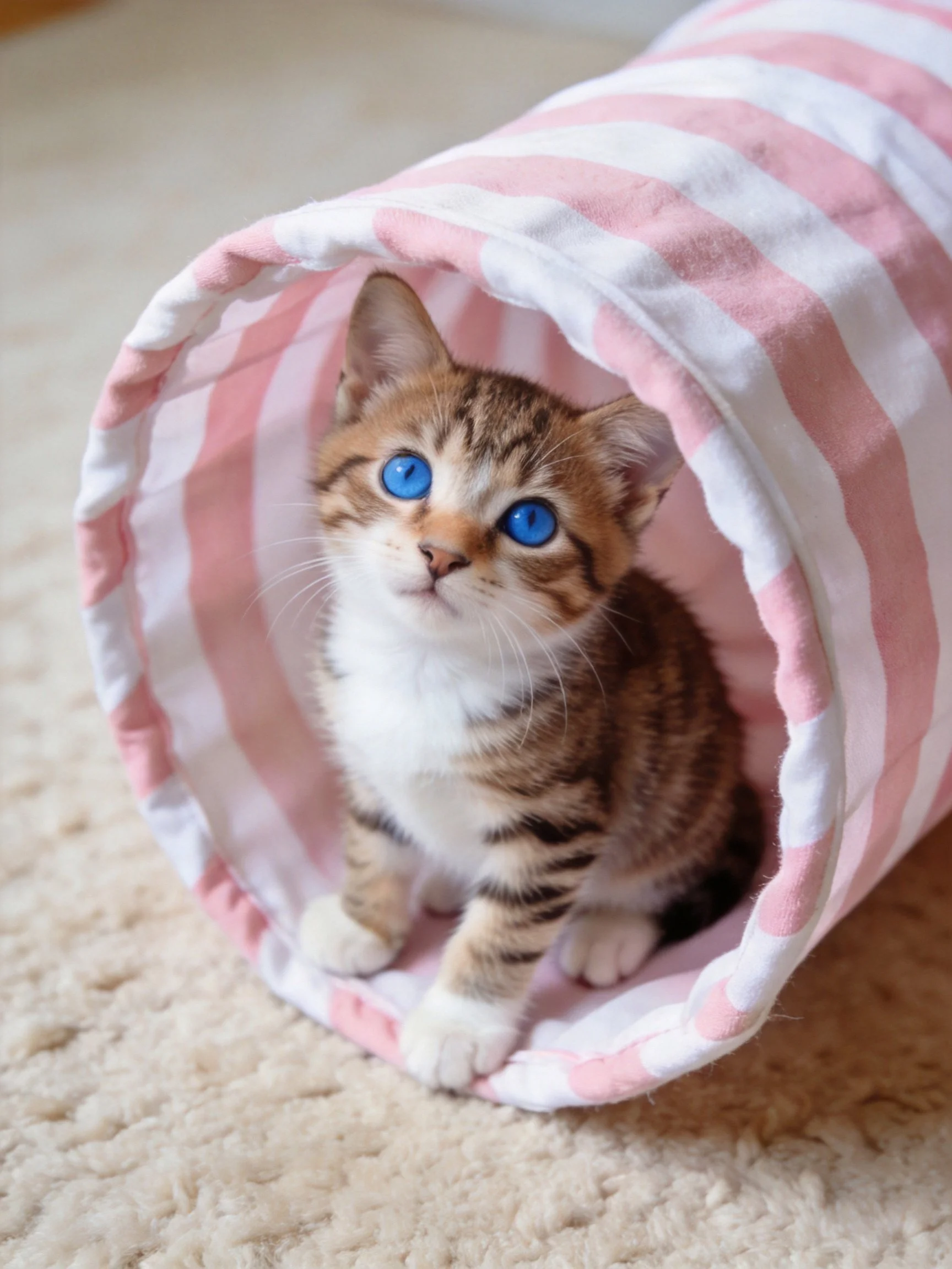 A small tabby kitten with bright blue eyes sits in a pink and white striped fabric tunnel on a soft carpet.