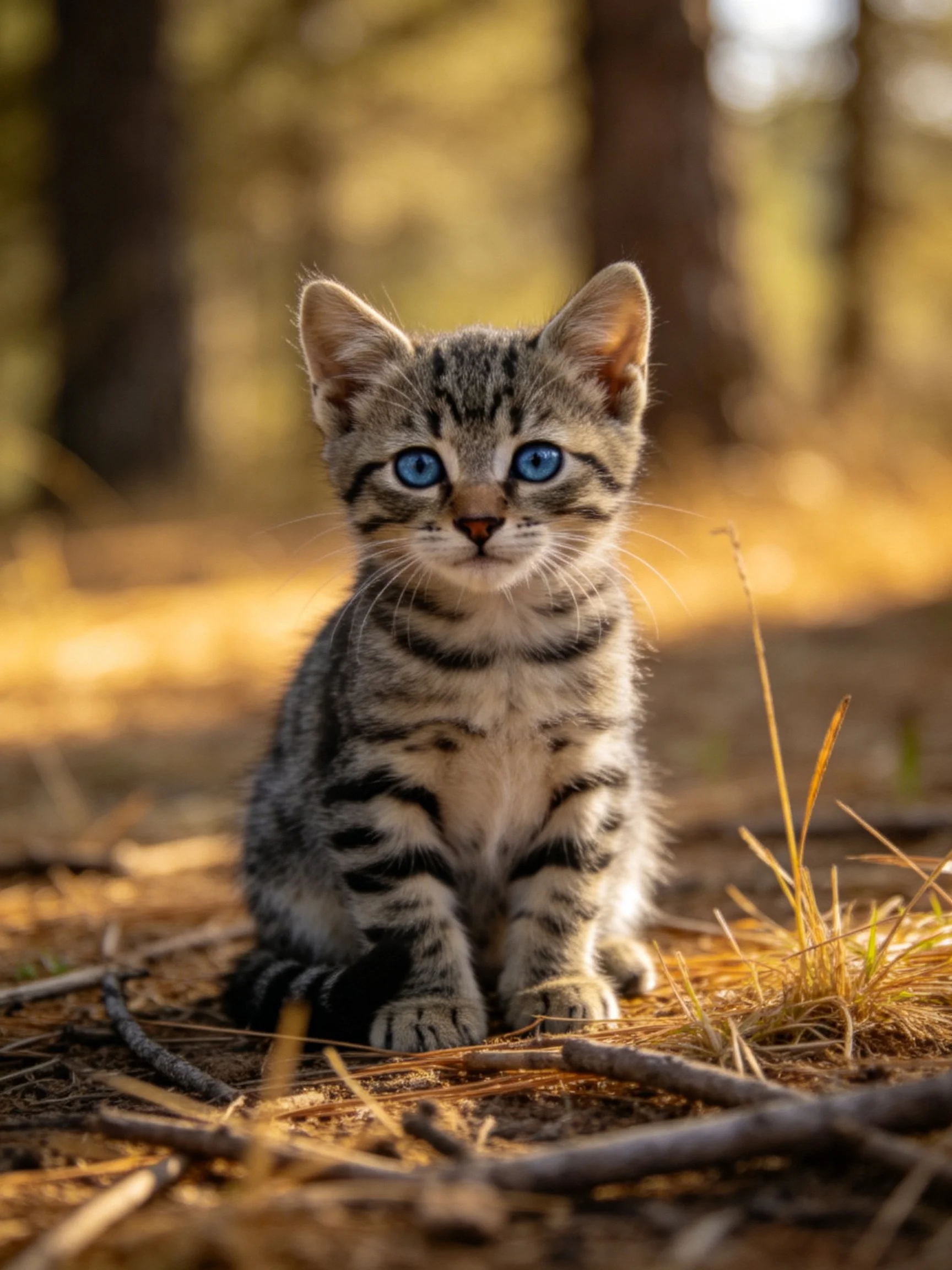 A small tabby kitten with blue eyes rests in a sunlit outdoor space.