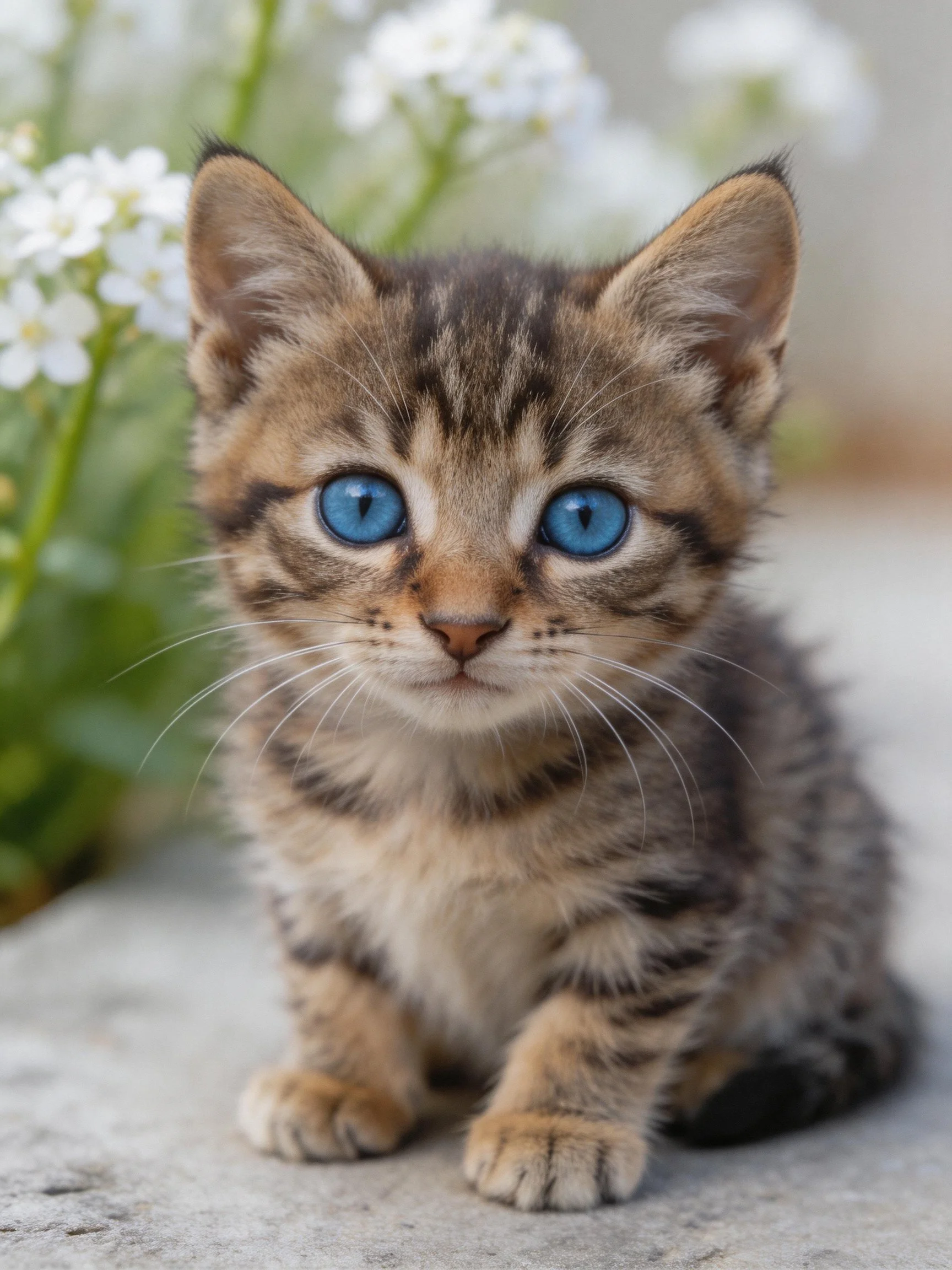 A small tabby kitten with bright blue eyes sits outdoors amid white flowers.