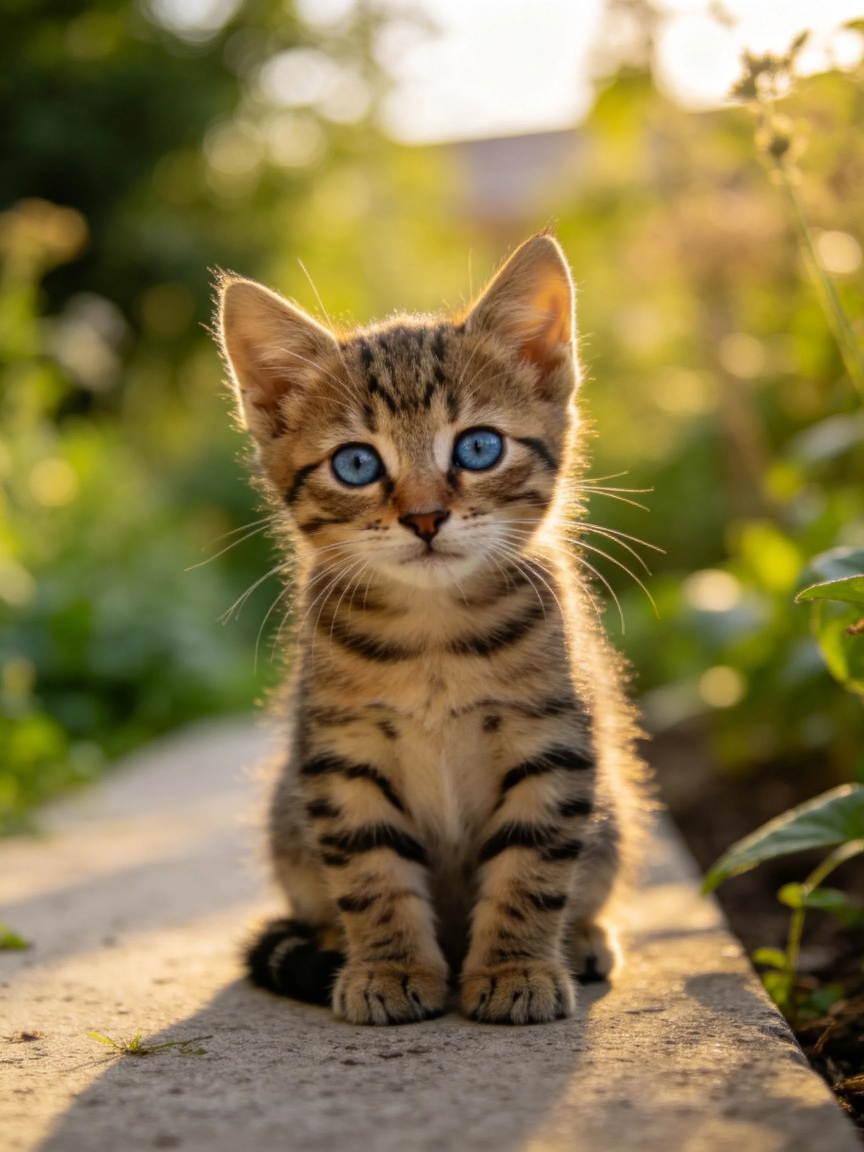 A small tabby kitten with bright blue eyes sits on a concrete path amid lush greenery.