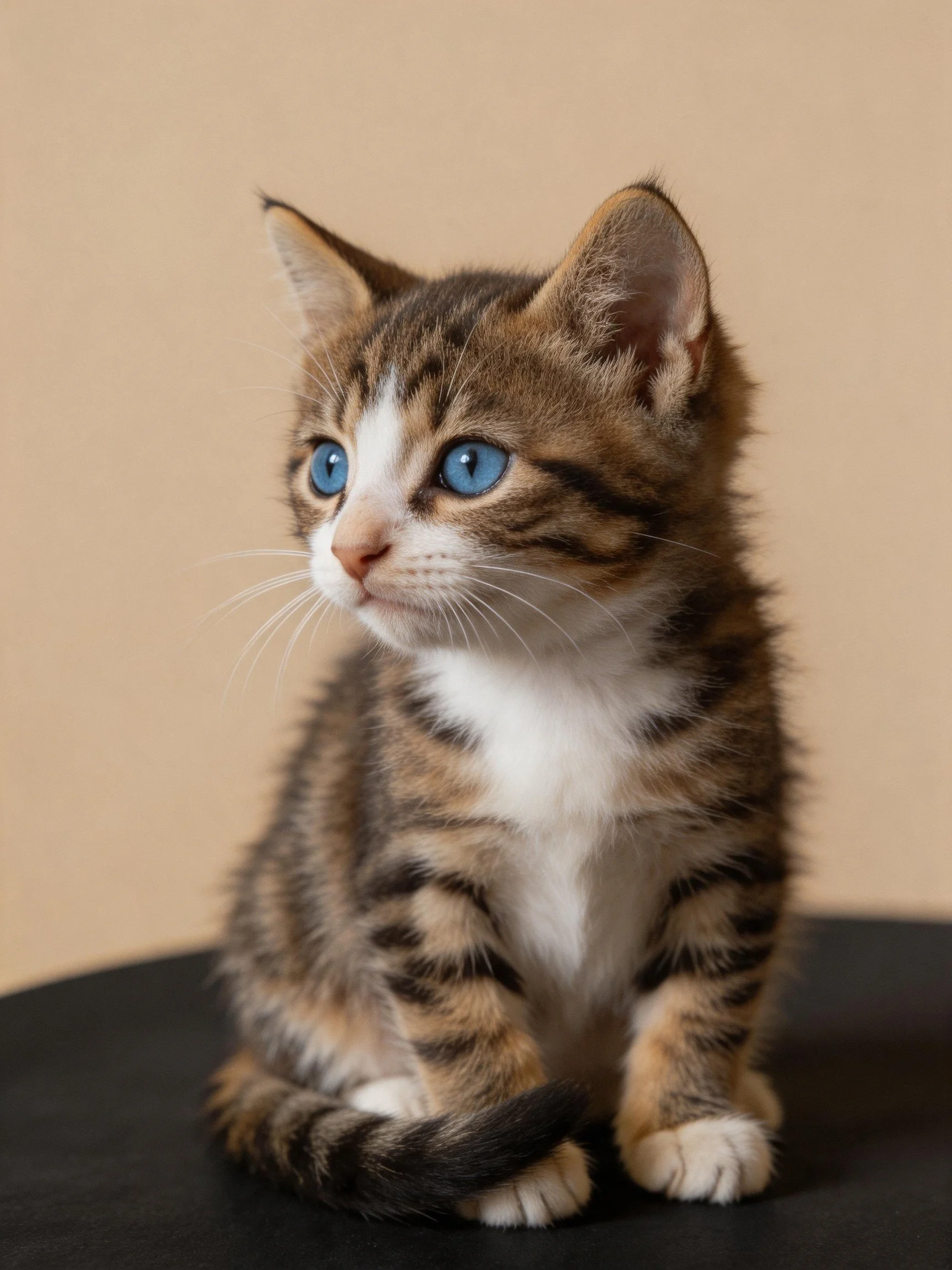 A small tabby kitten with bright blue eyes sits on a dark surface against a beige wall.