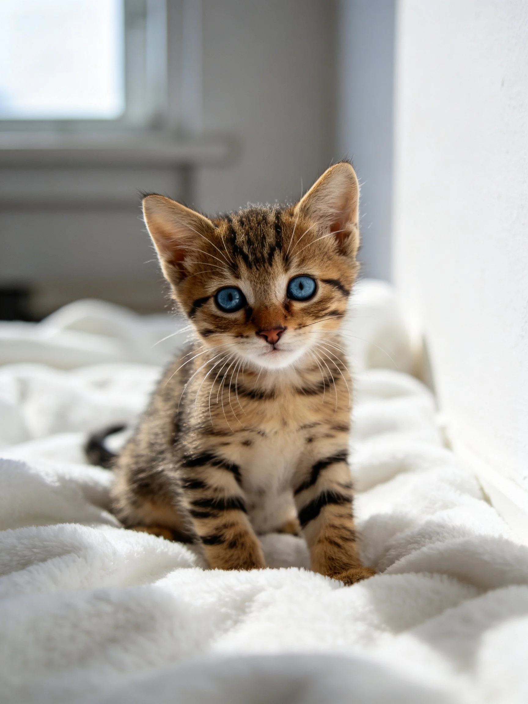 A small tabby kitten with blue eyes sits on a white blanket in a sunlit room.