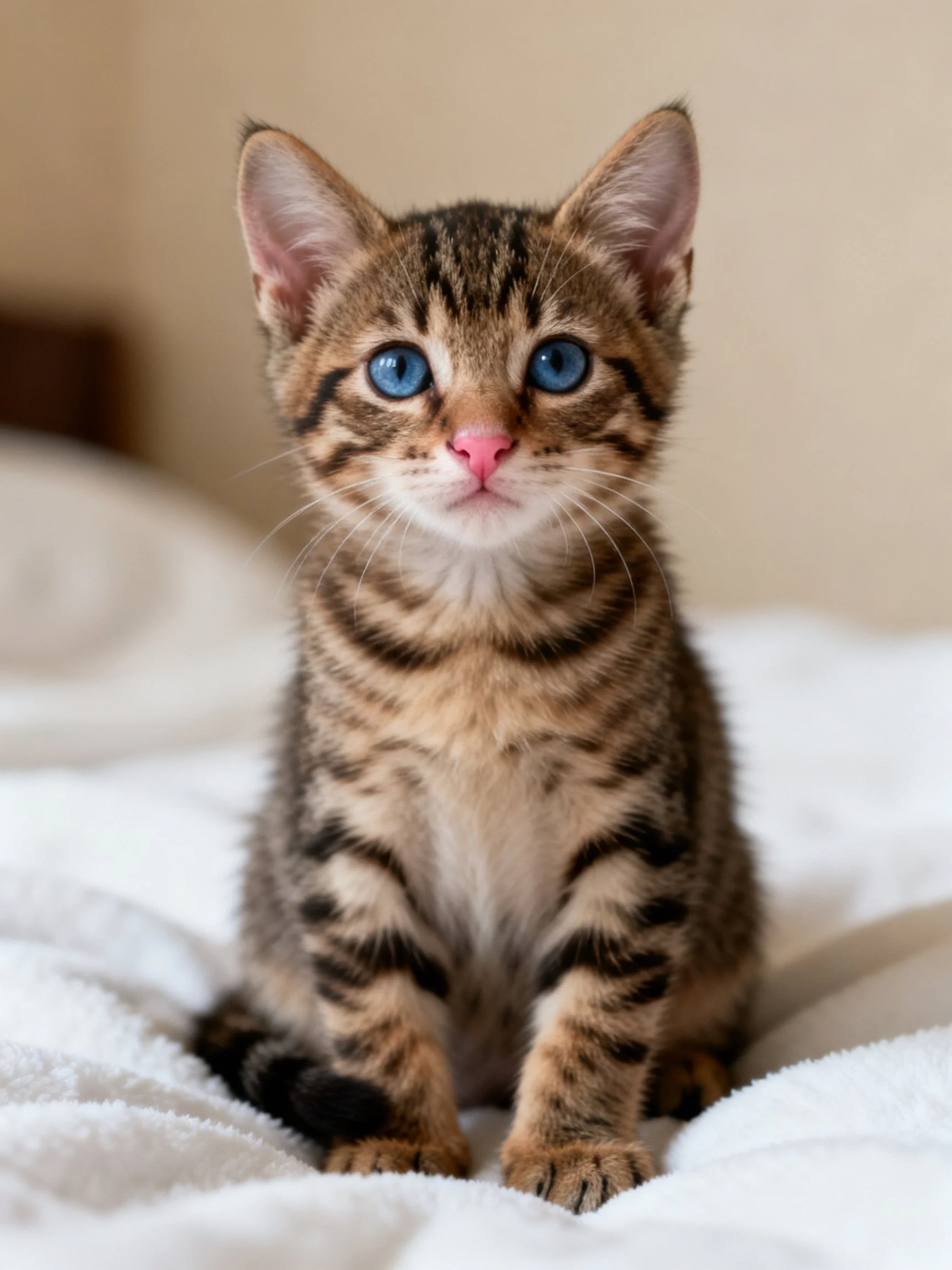 A small tabby kitten with bright blue eyes sits on a white bedspread