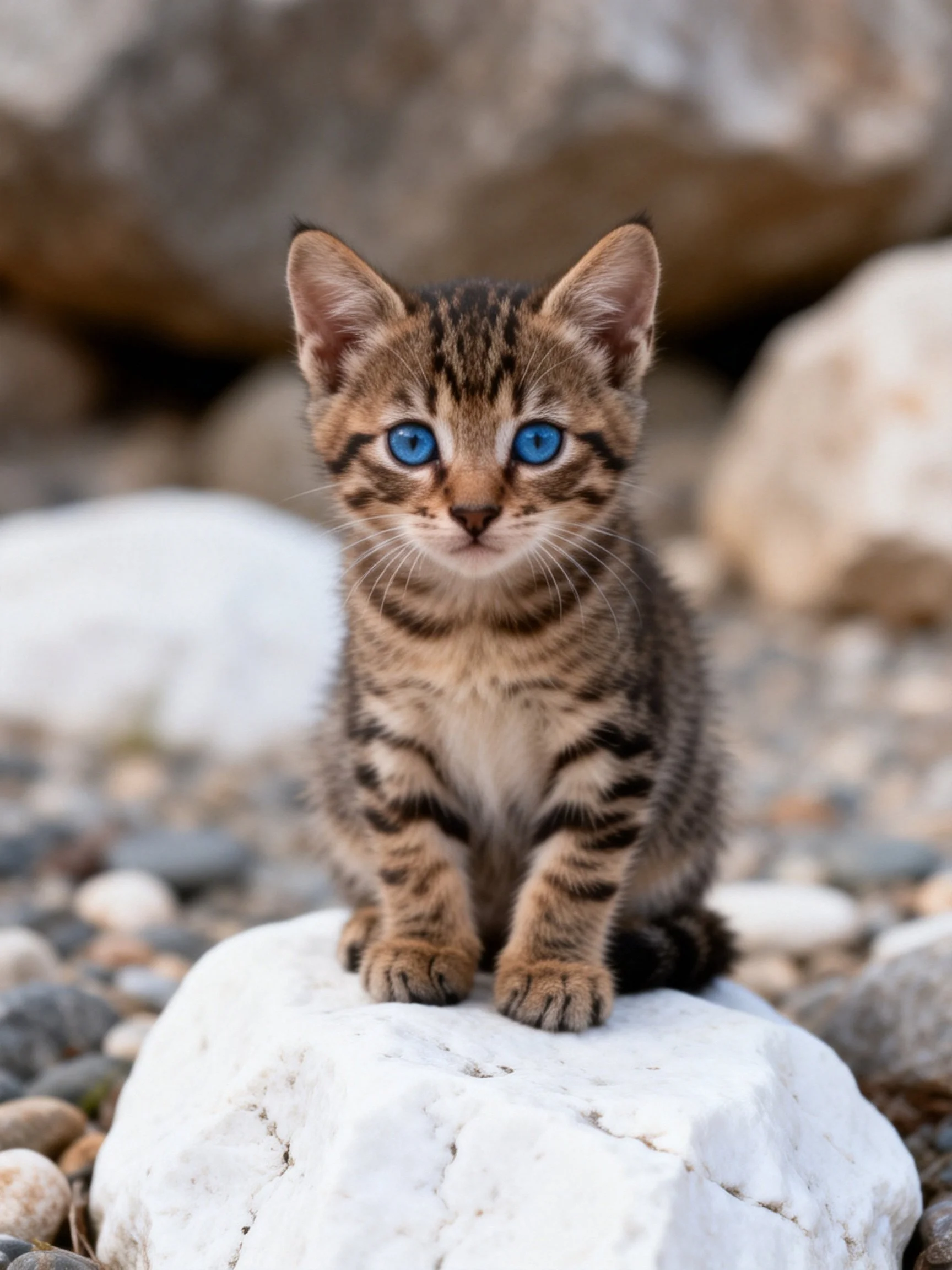 A small tabby kitten with blue eyes sits on a white rock amid pebbles.