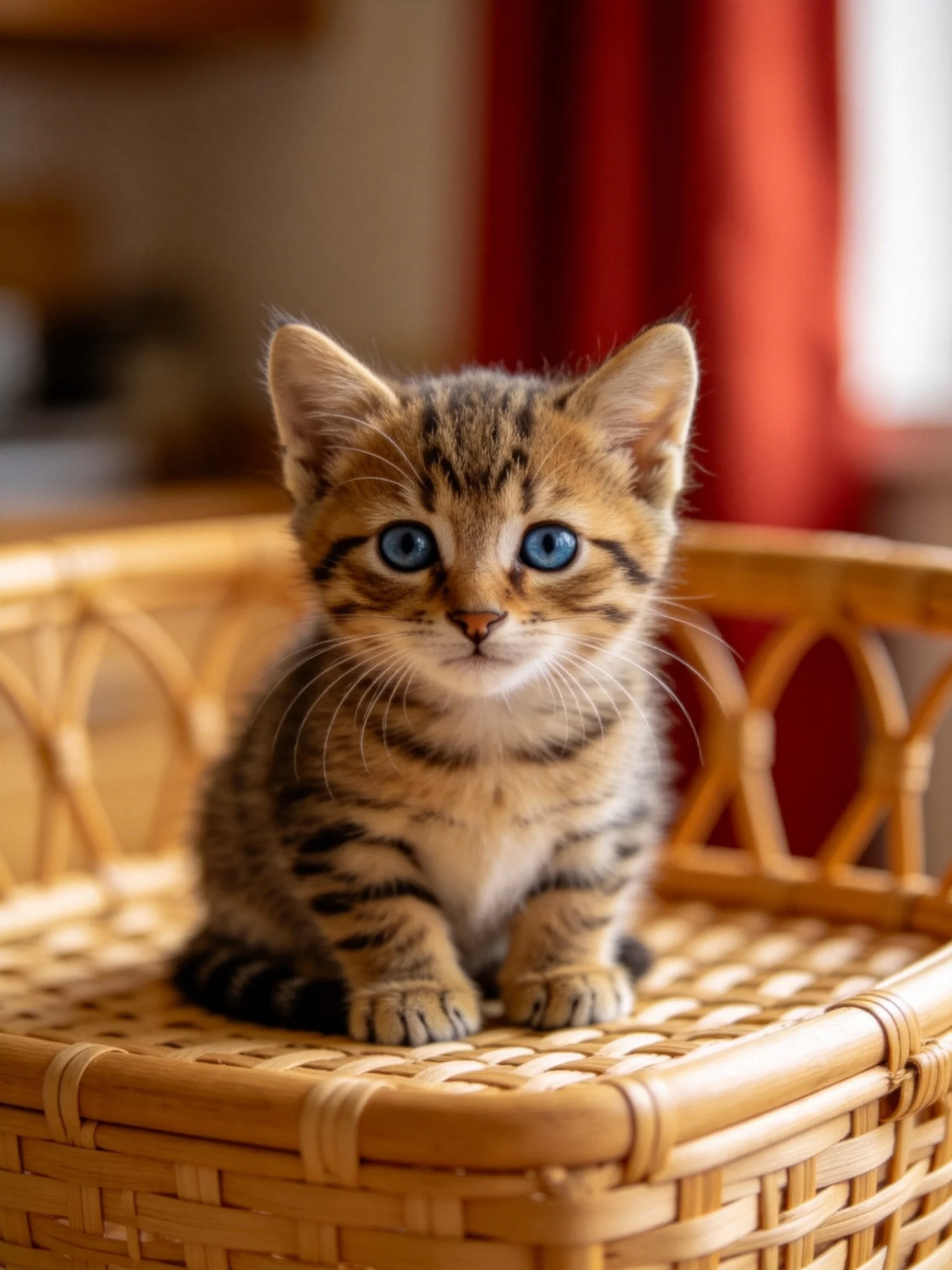 A small tabby kitten with bright blue eyes sits on a wicker chair indoors.
