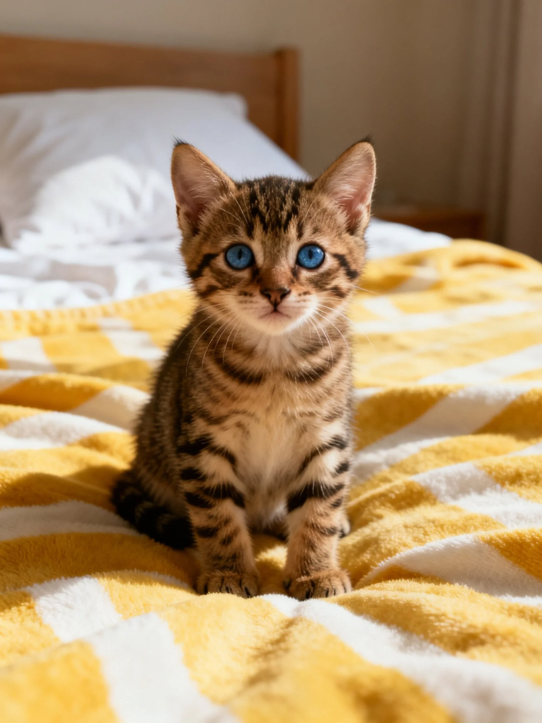 A small tabby kitten with bright blue eyes sits on a yellow and white blanket indoors.