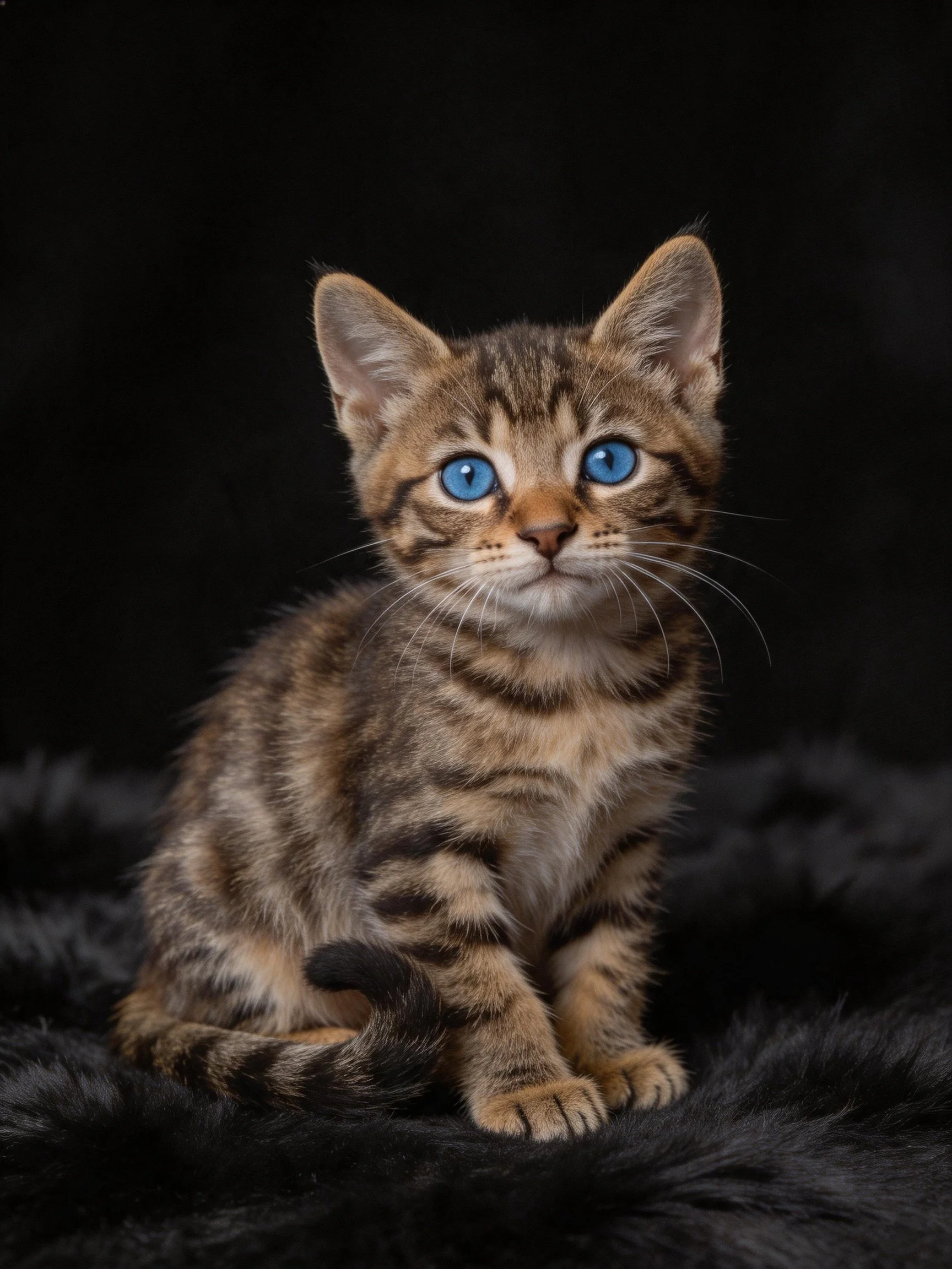 A small tabby kitten with bright blue eyes sits on dark fur.