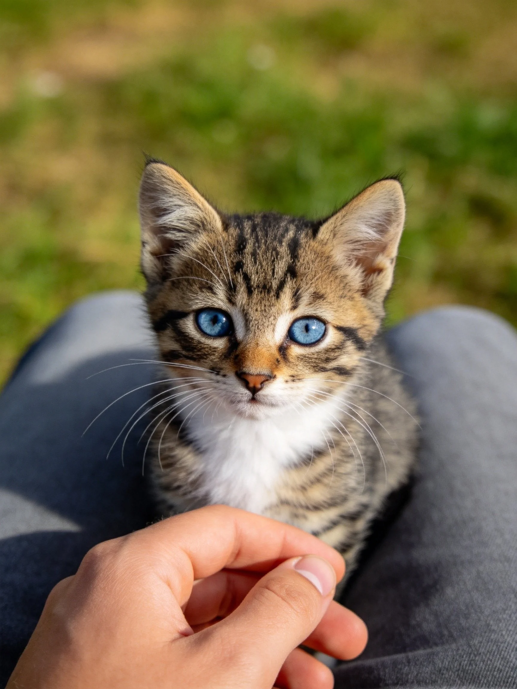 A small tabby kitten with bright blue eyes sits on gray pants in an outdoor setting.