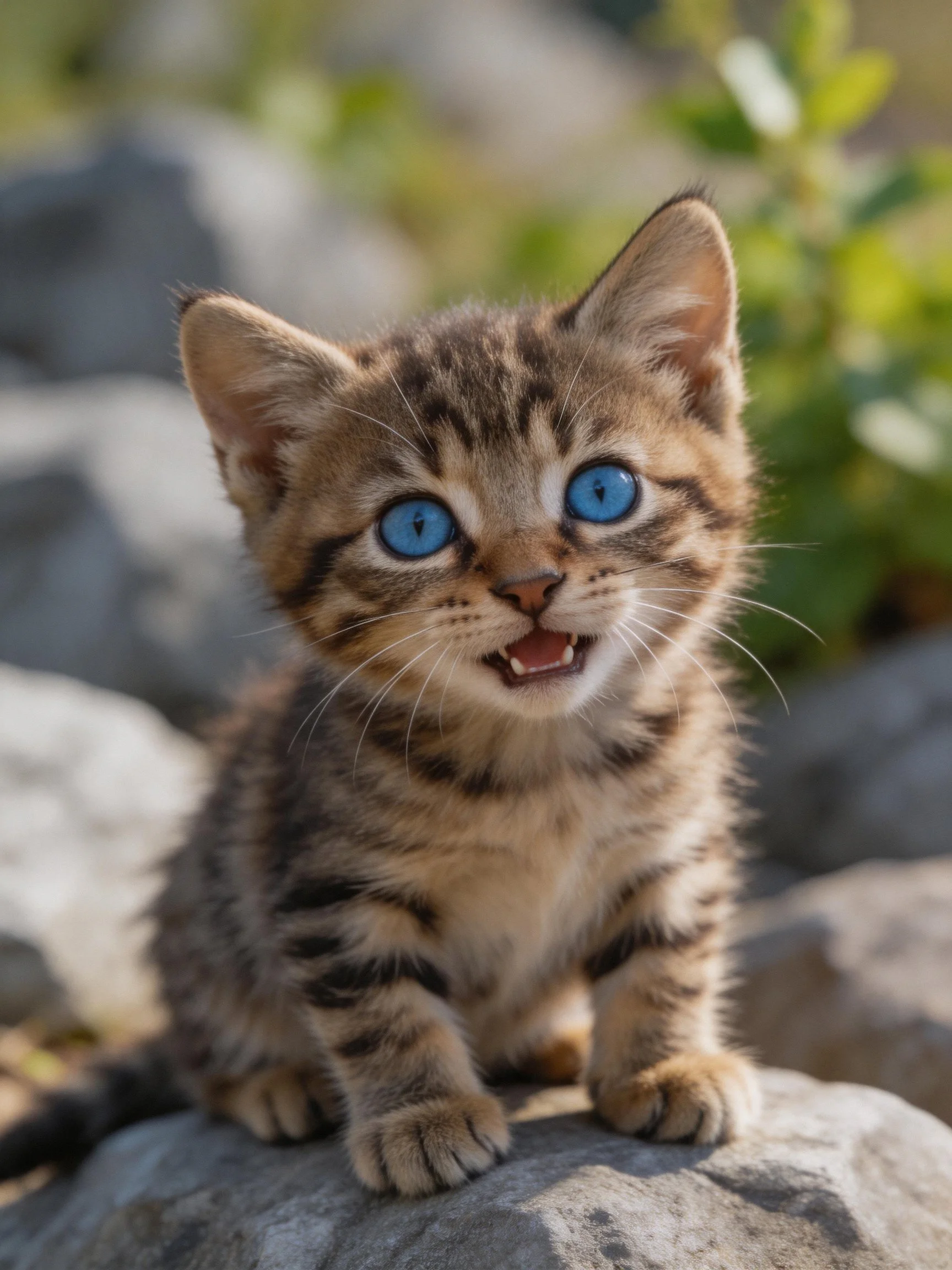 A small tabby kitten with bright blue eyes sits on rocks in an outdoor setting.