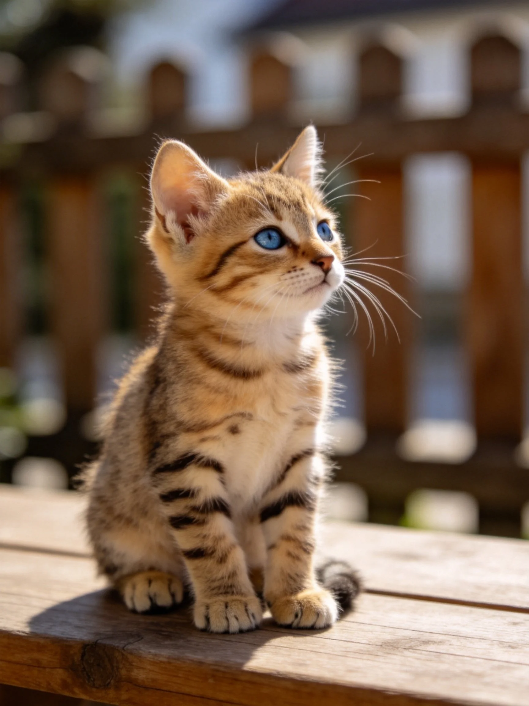 A small tabby kitten with bright blue eyes sits on wooden planks outdoors