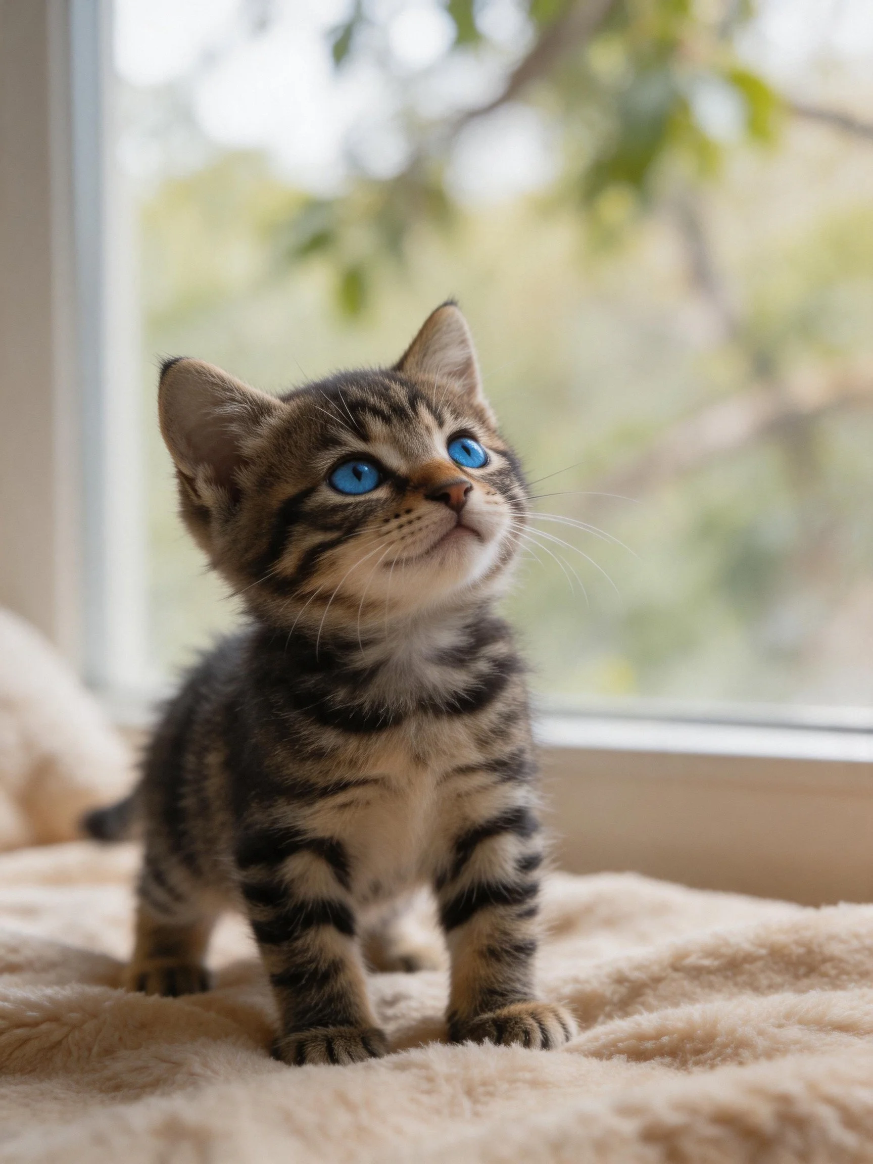 A small tabby kitten with bright blue eyes stands by a sunlit window