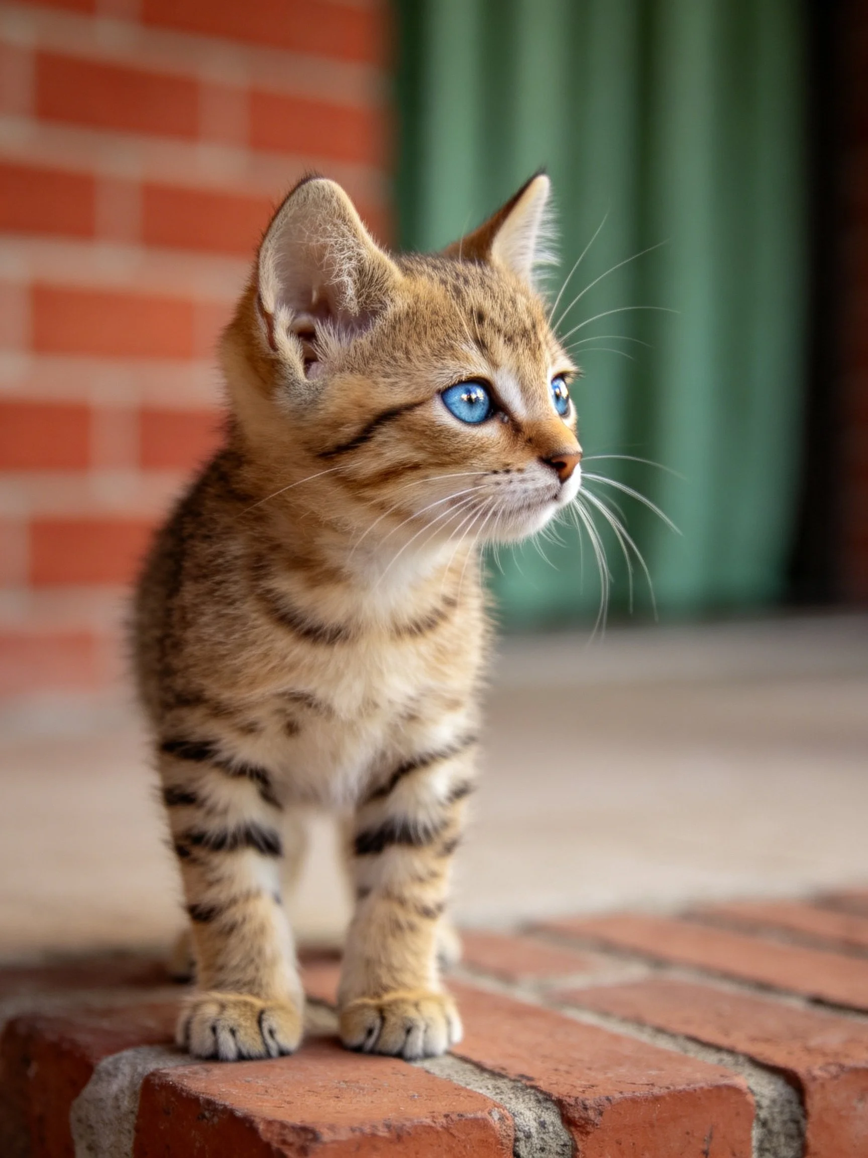 A small tabby kitten with blue eyes stands on brick pavement near a green curtain.