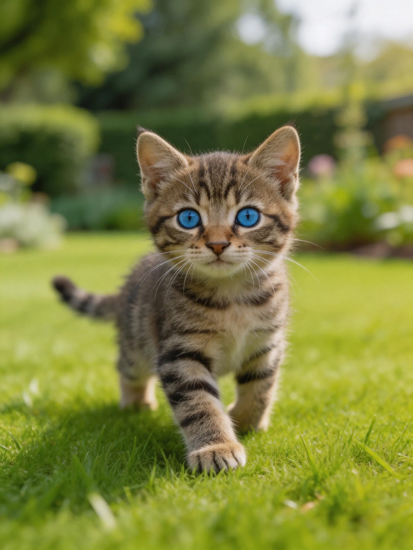 A small tabby kitten with bright blue eyes explores a sunlit garden.