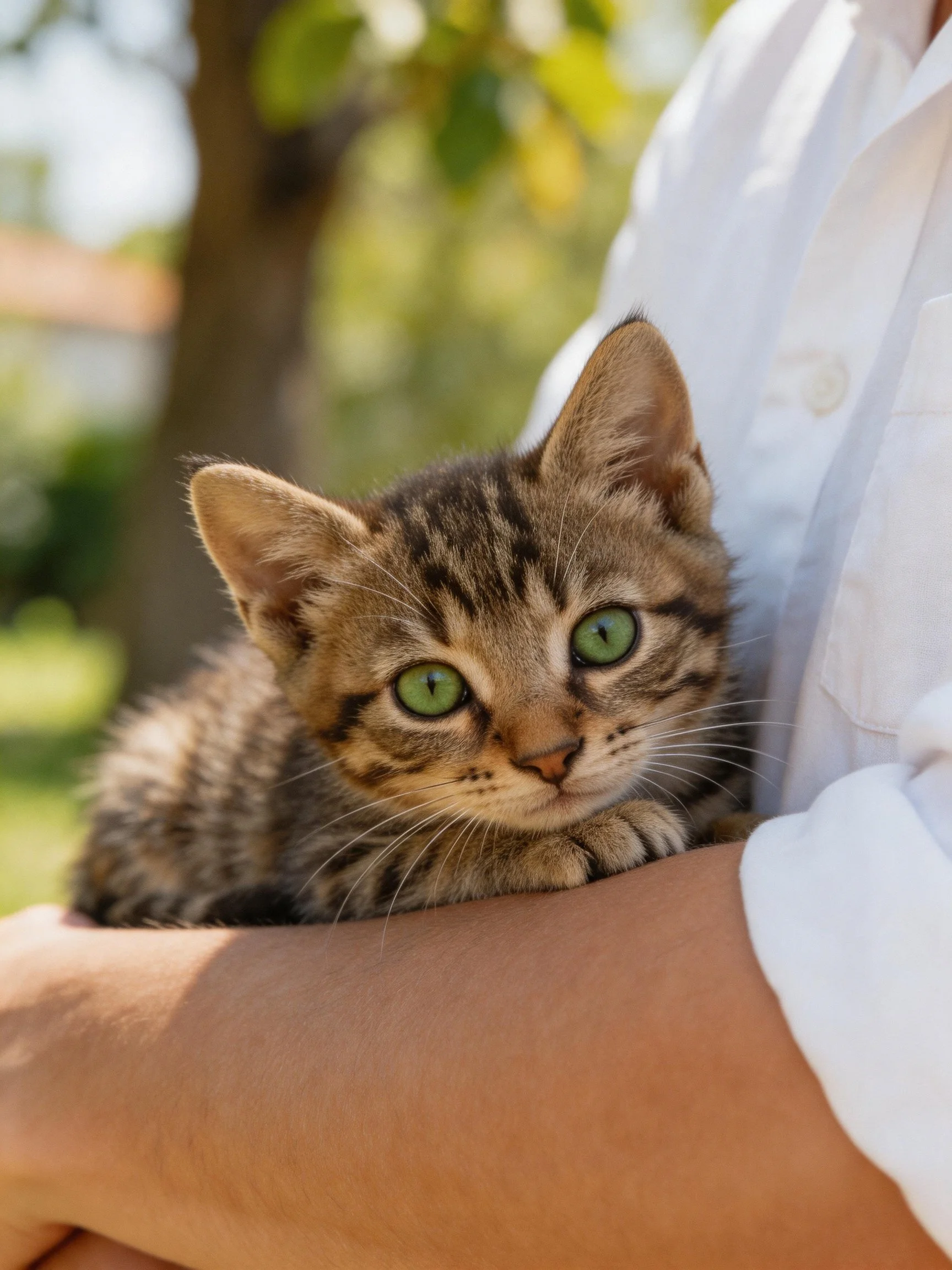 A small tabby kitten with bright green eyes sits calmly in a person’s arm