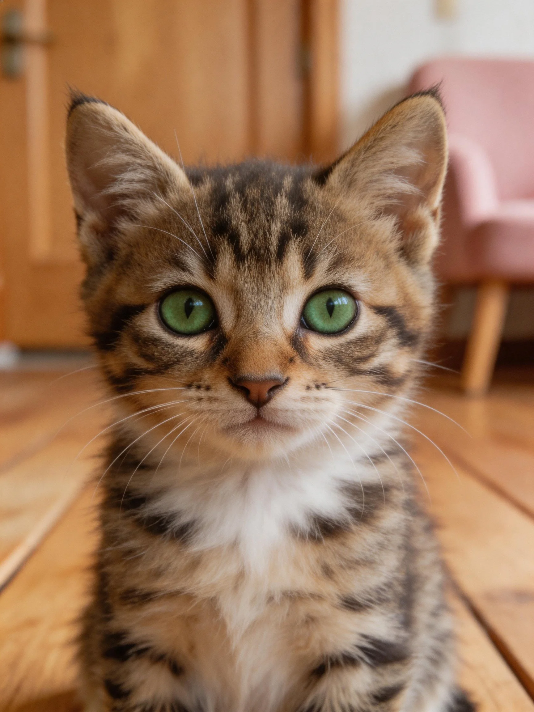 A small tabby kitten with bright green eyes sits on a wooden floor indoors.