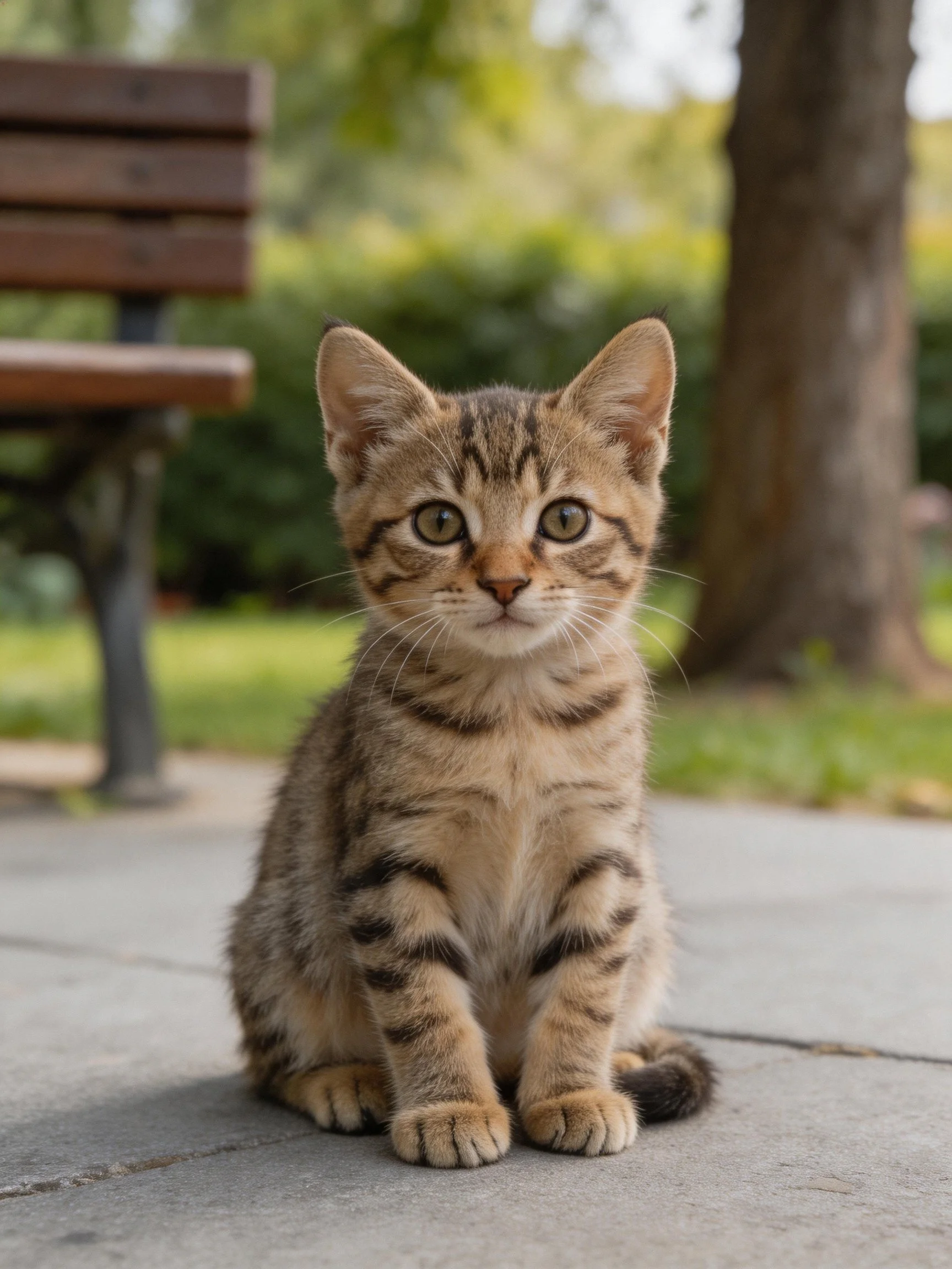 A small tabby kitten sits calmly on a concrete path beside a park bench in an outdoor area.