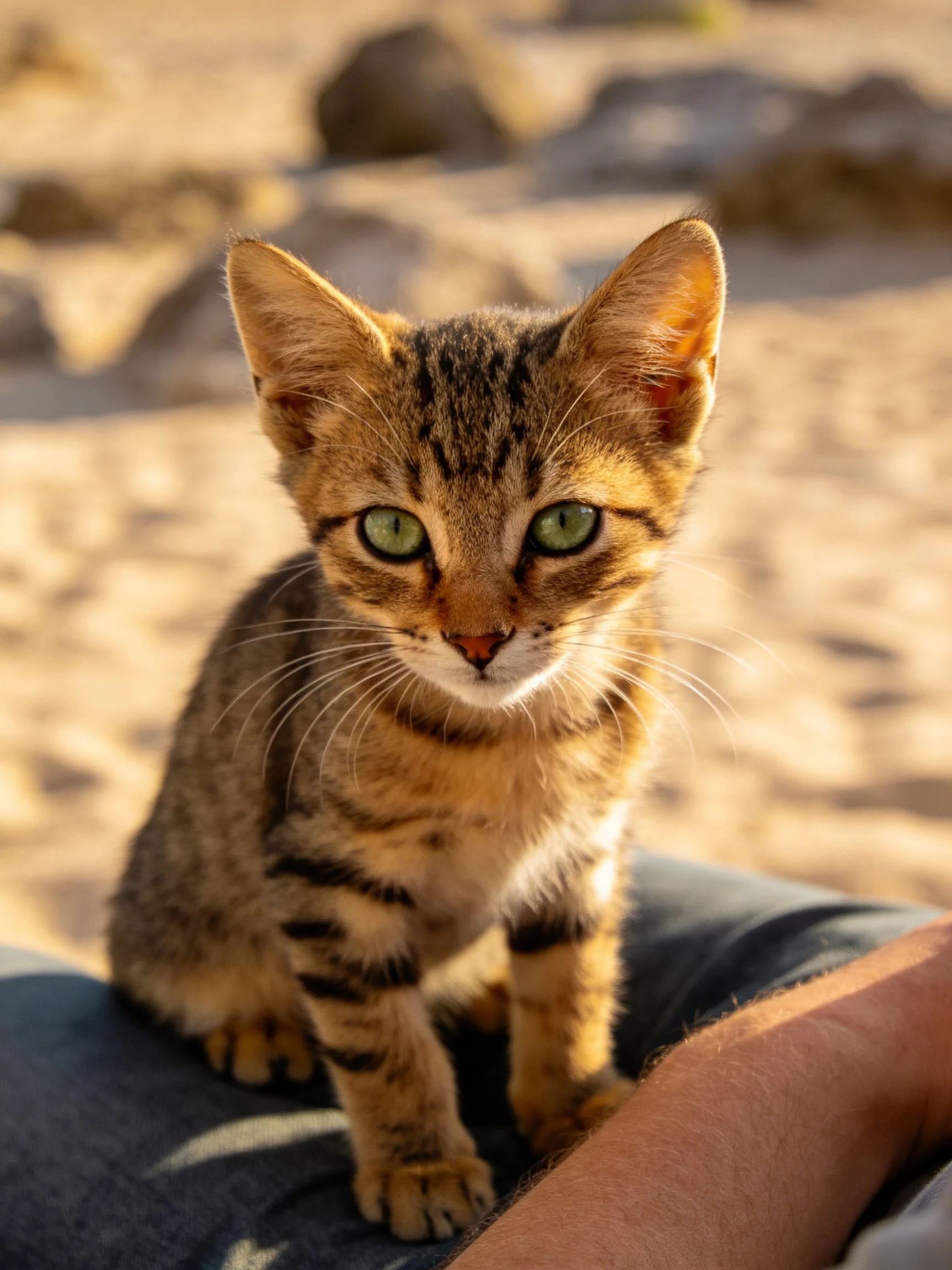 A small tabby kitten with green eyes sits on a person’s lap in a sunny outdoor area