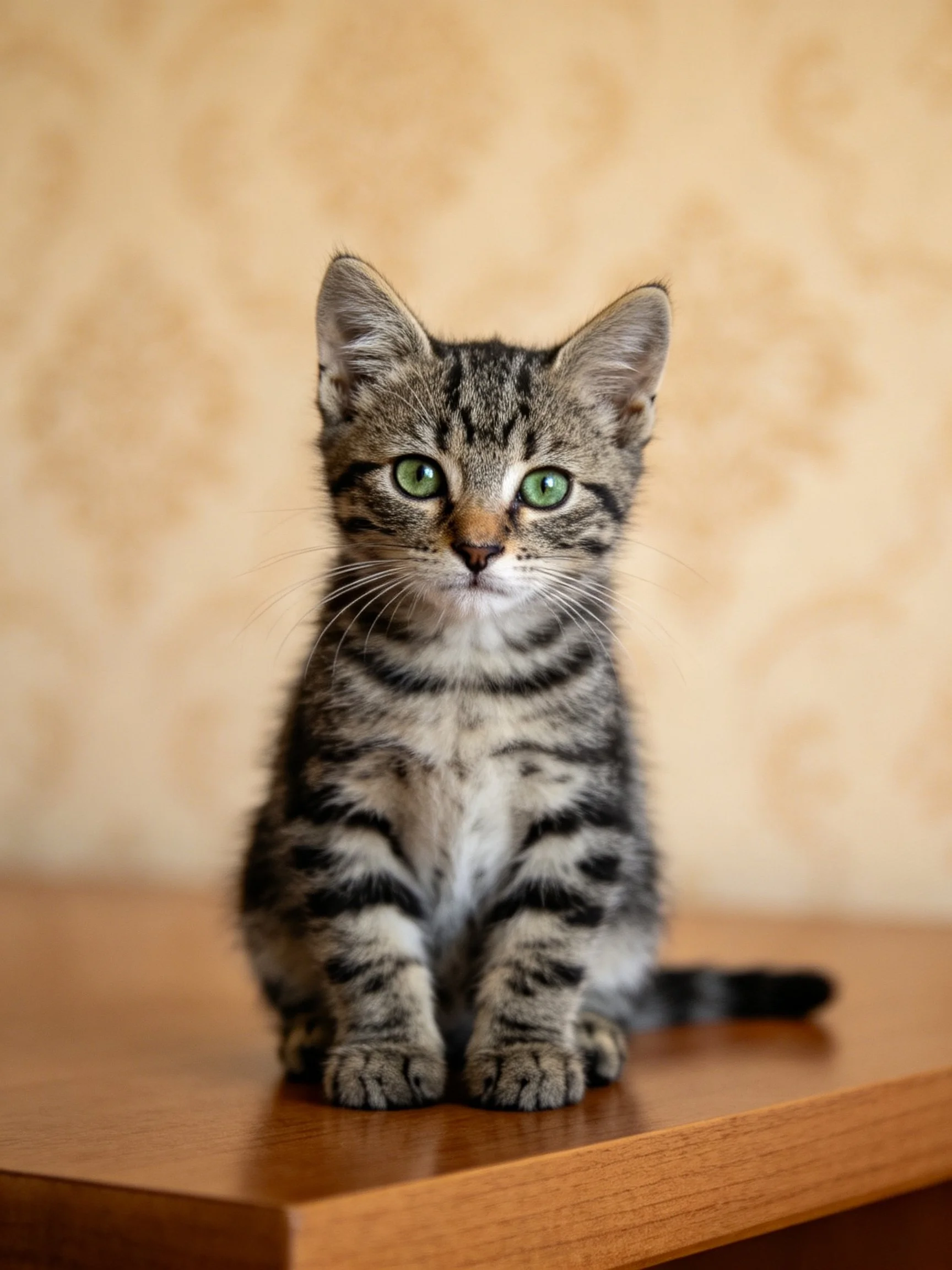 A small tabby kitten with green eyes sits calmly on a wooden surface.