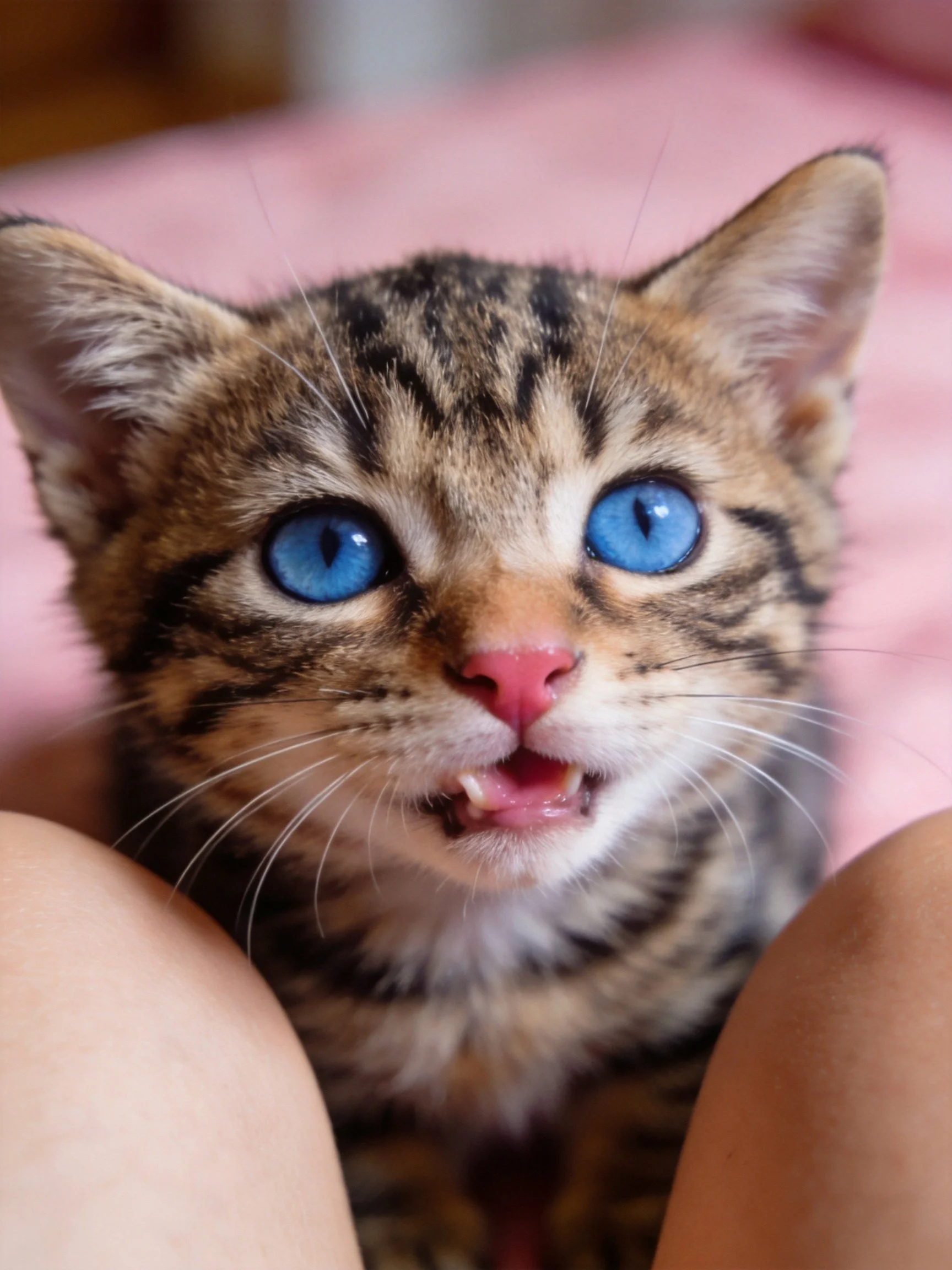 A small tabby kitten with striking blue eyes rests between human legs.
