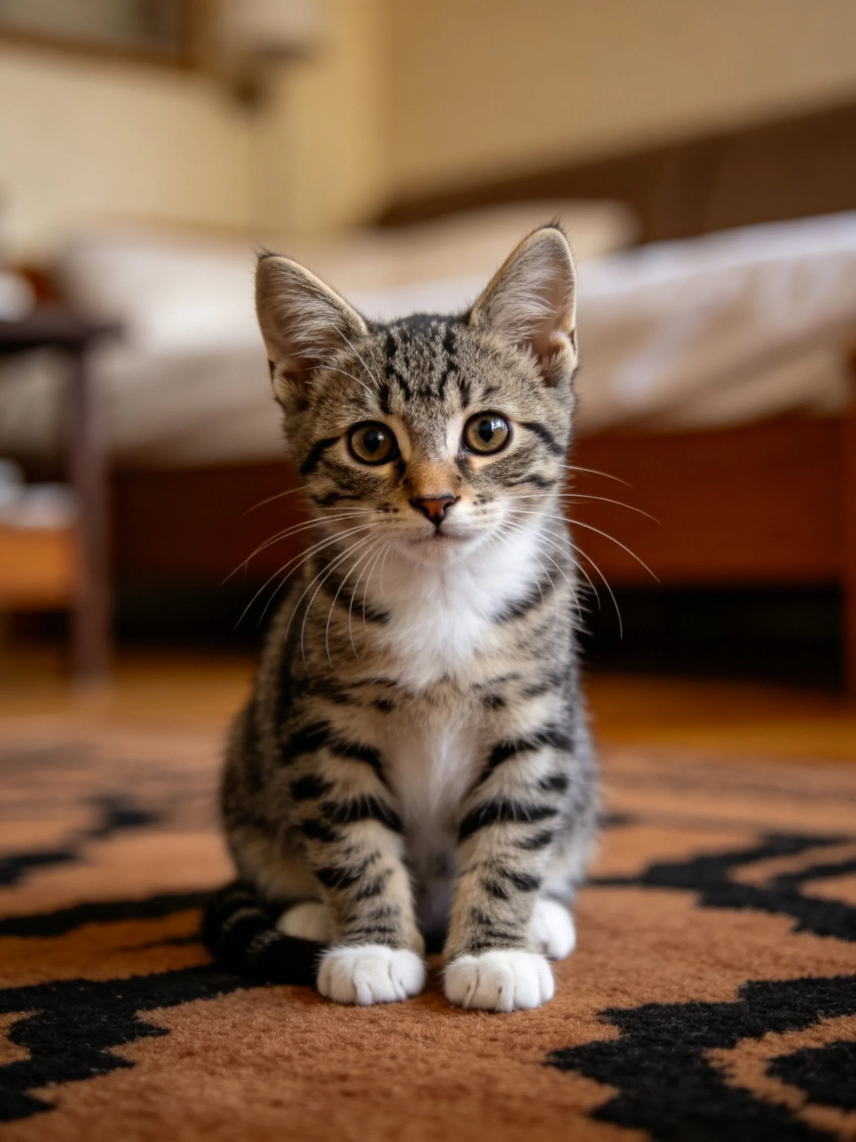 A small tabby kitten sits on a patterned rug in a cozy indoor setting.