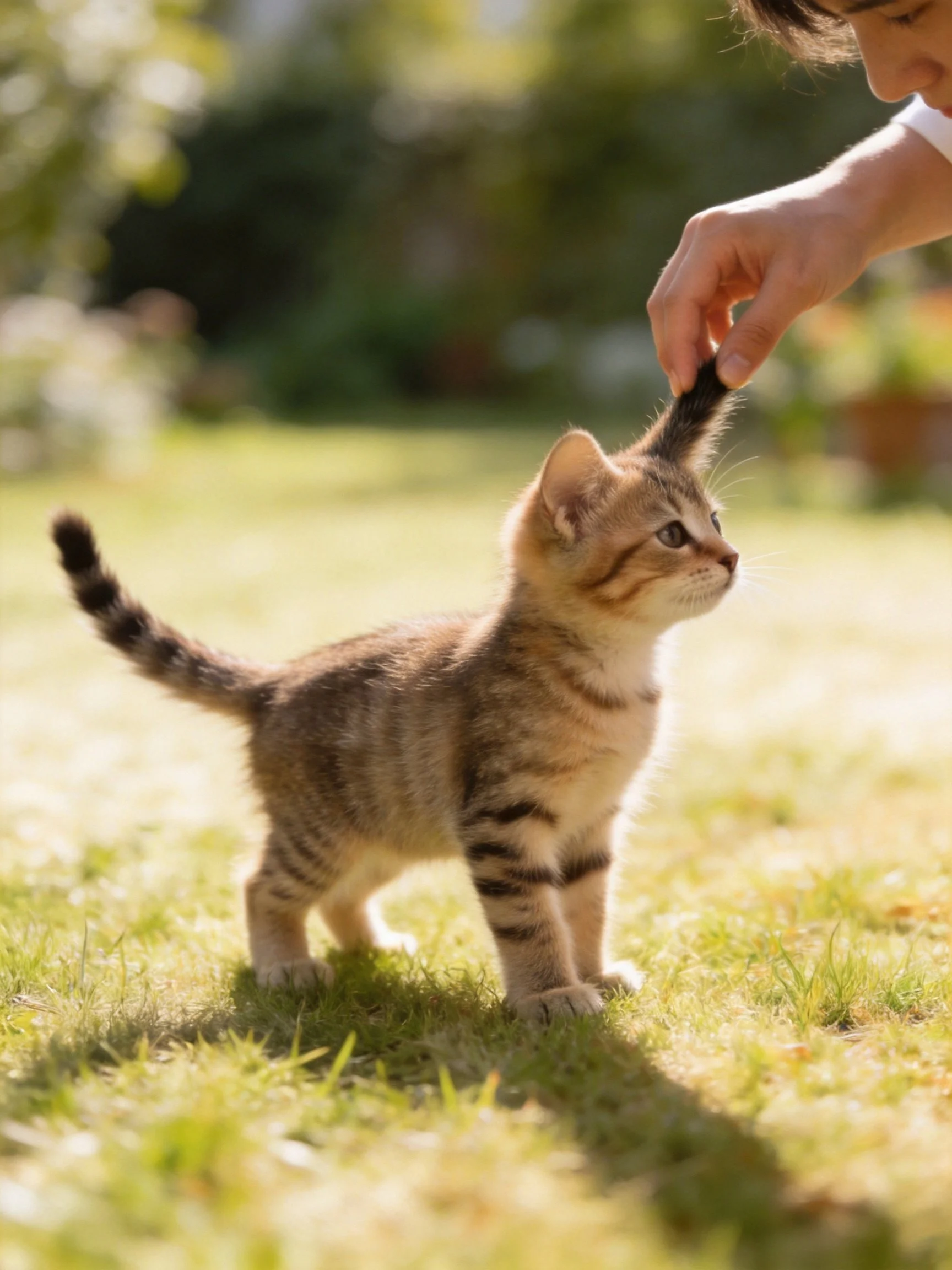 A small tabby kitten interacts with a hand touching its tail in a sunlit outdoor space