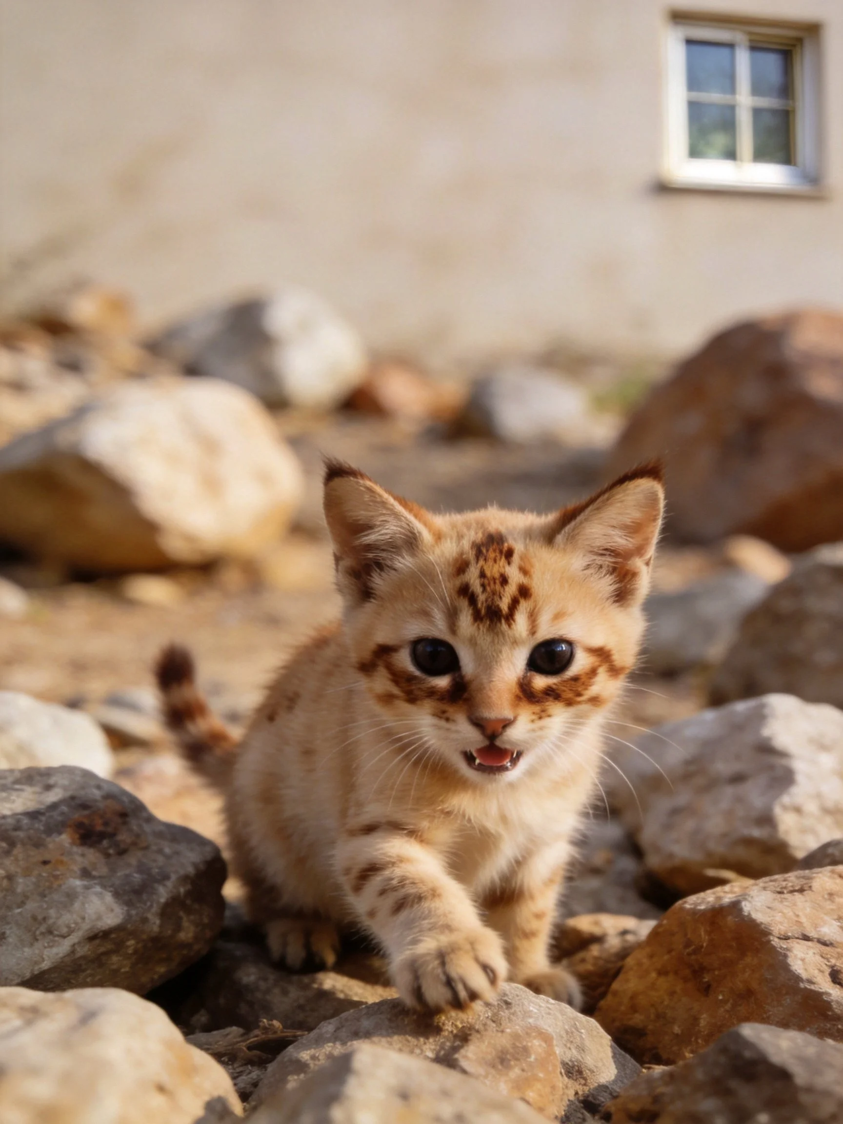A small tan-spotted kitten exploring rocky terrain near a building