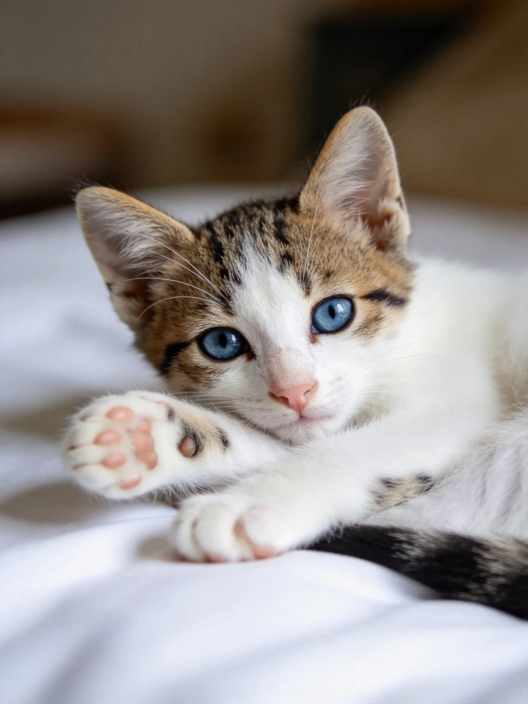 A small tri - colored kitten with bright blue eyes resting on white fabric