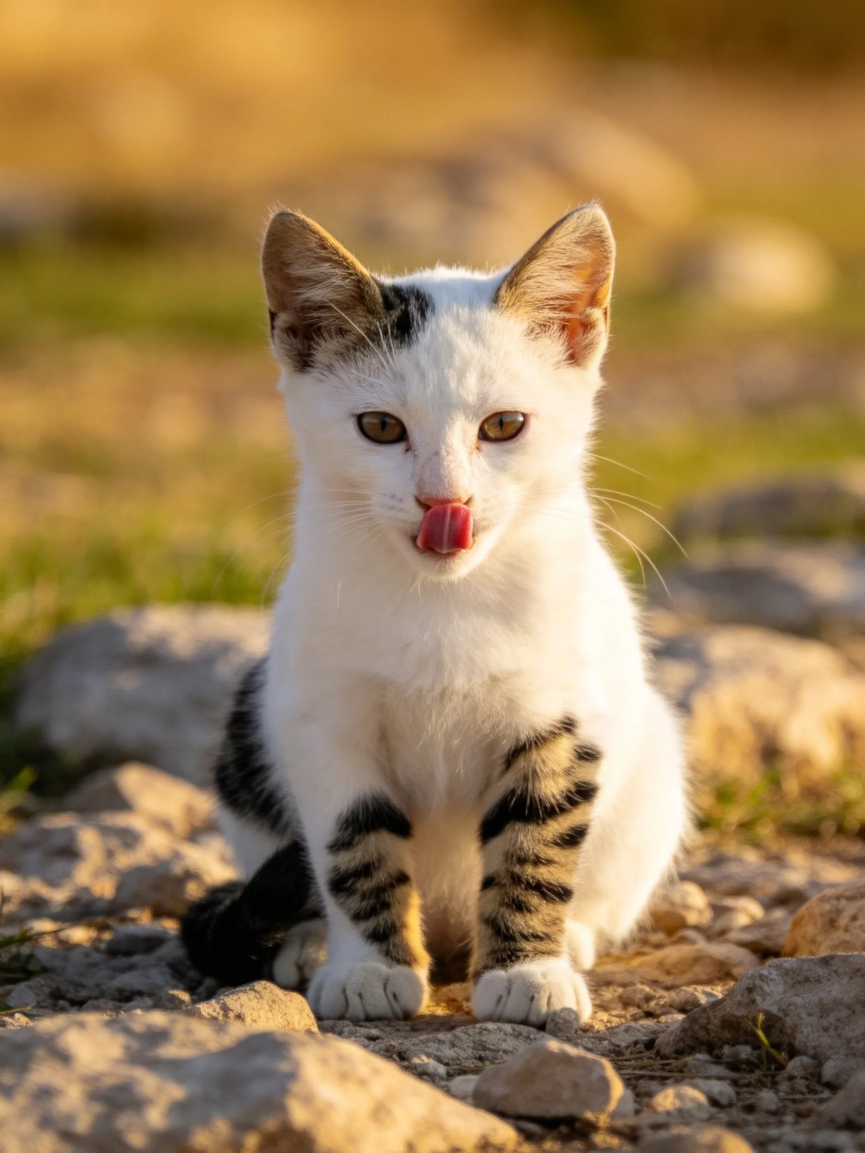 A small white and black kitten sits calmly on rocky ground.