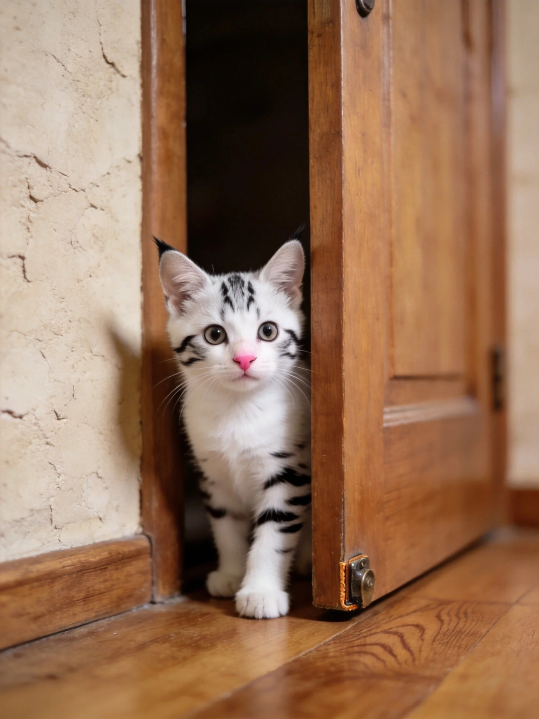 A small white and black kitten cautiously emerges from a wooden doorway.