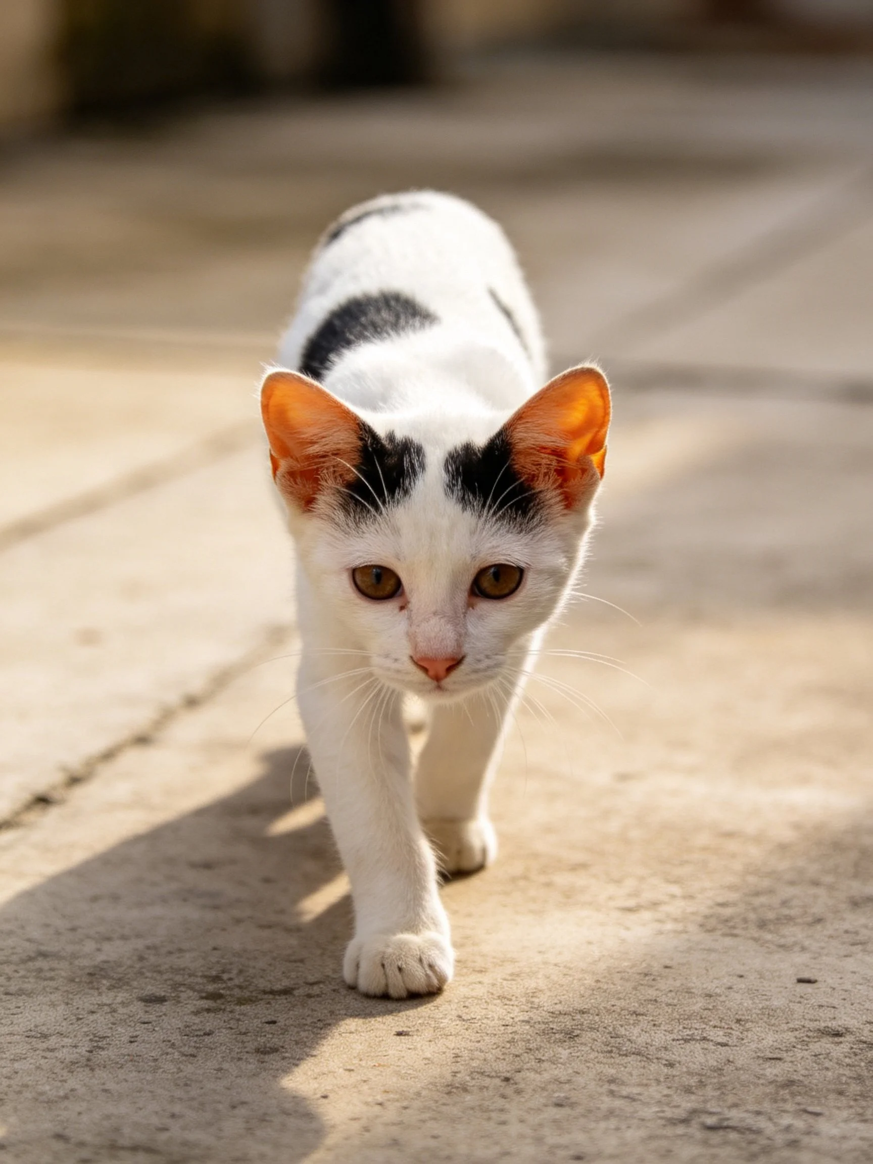 A small white and black kitten walks forward on a sunlit concrete pavement.