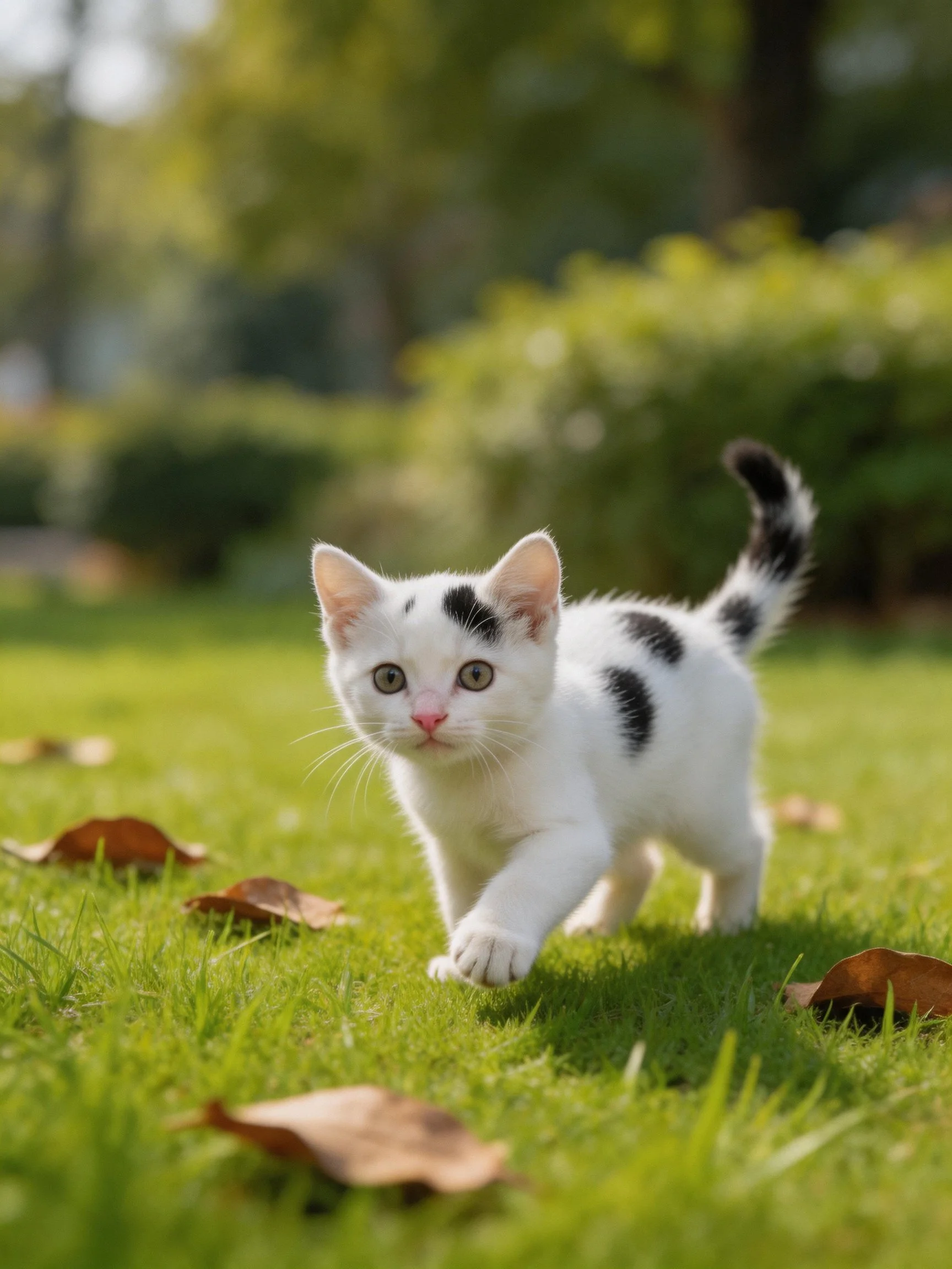 A small white and black spotted kitten walks on green grass in a sunny outdoor setting.