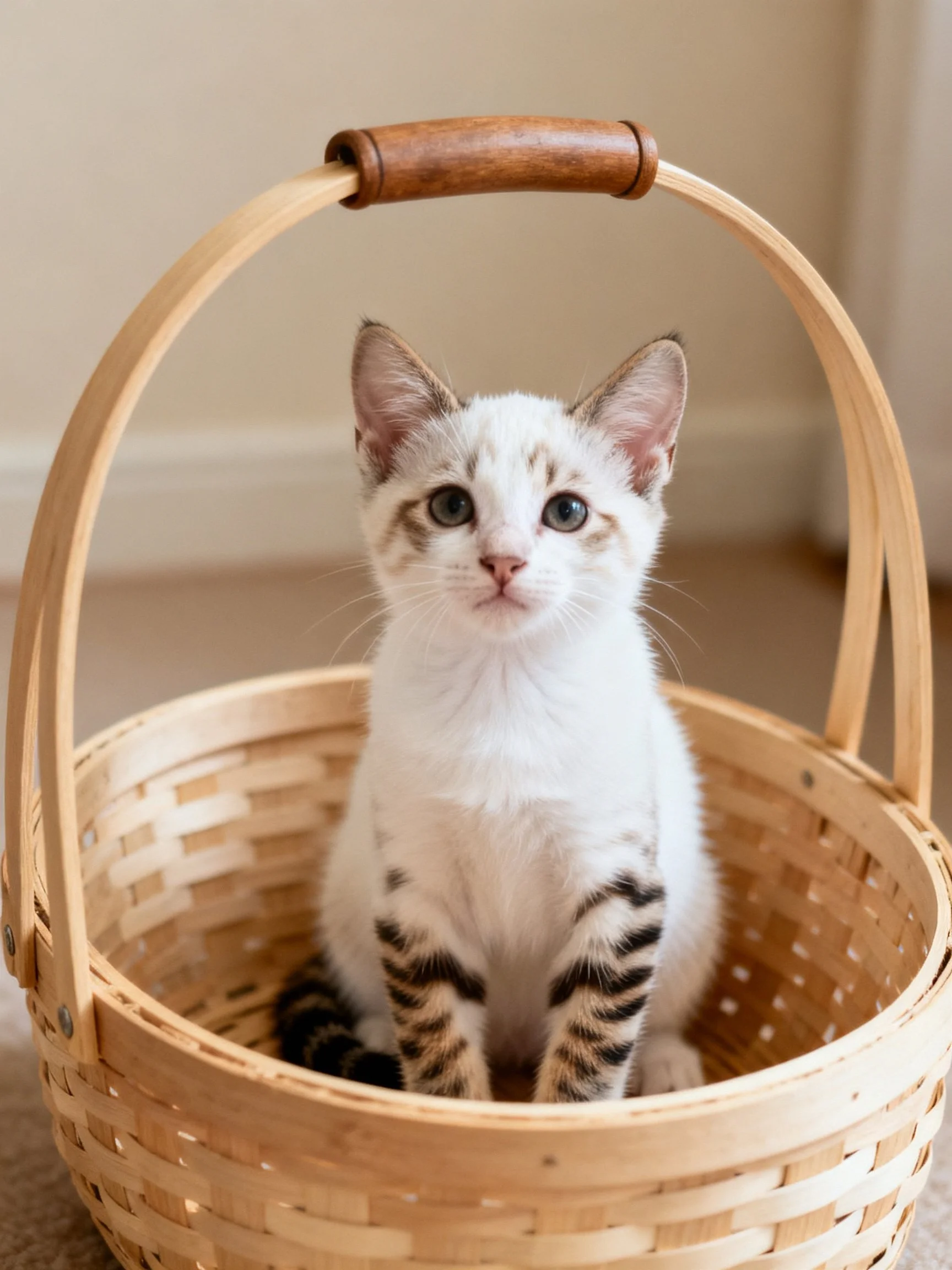 A small white and brown spotted kitten sits inside a woven wooden basket.
