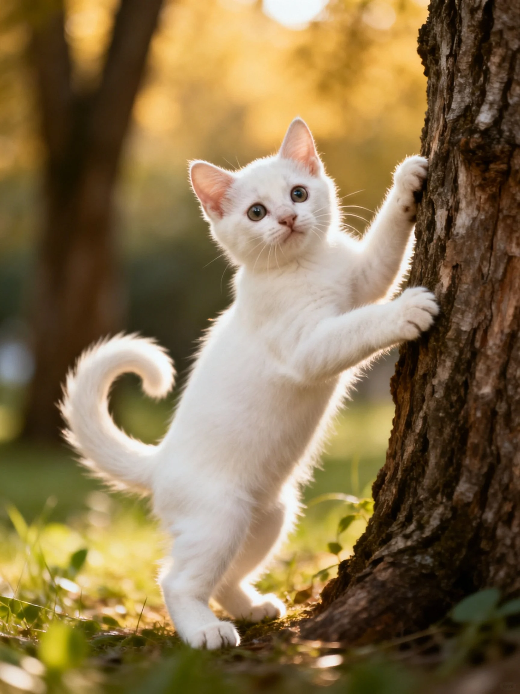 A small white kitten climbing a brown tree trunk in a sunlit forest