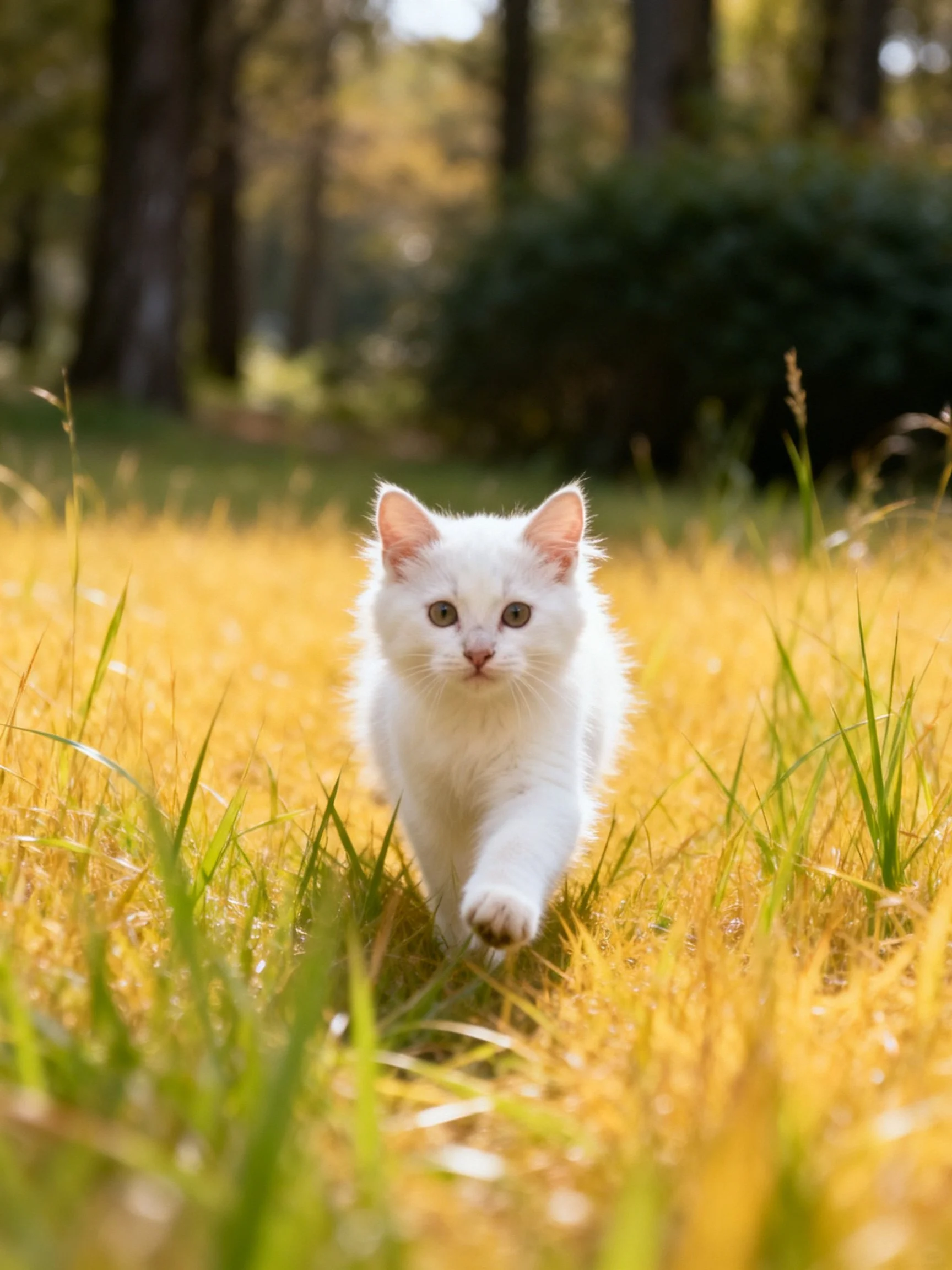 A small white kitten exploring golden grass near tall trees