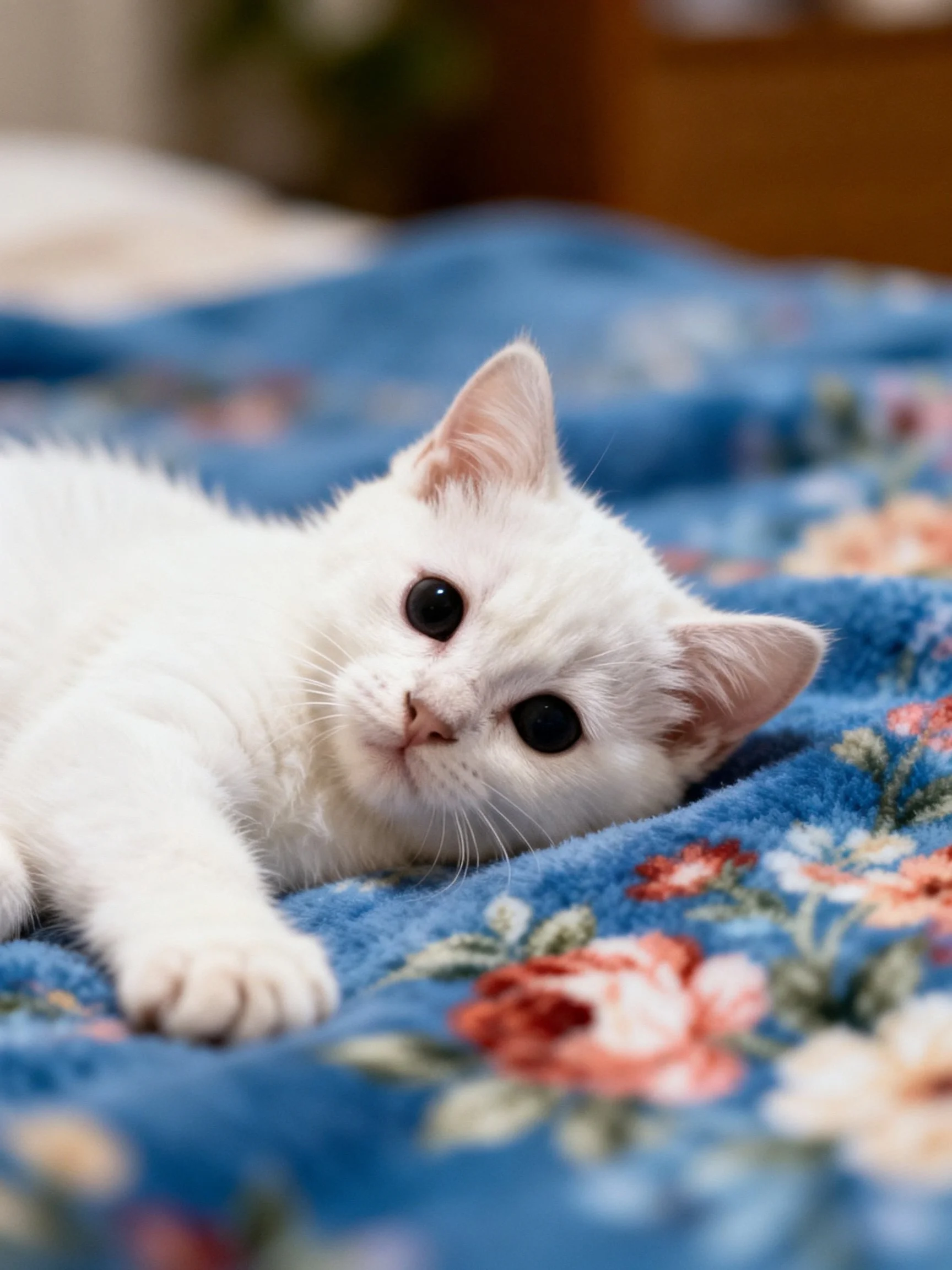 A small white kitten lies on a blue floral-patterned blanket