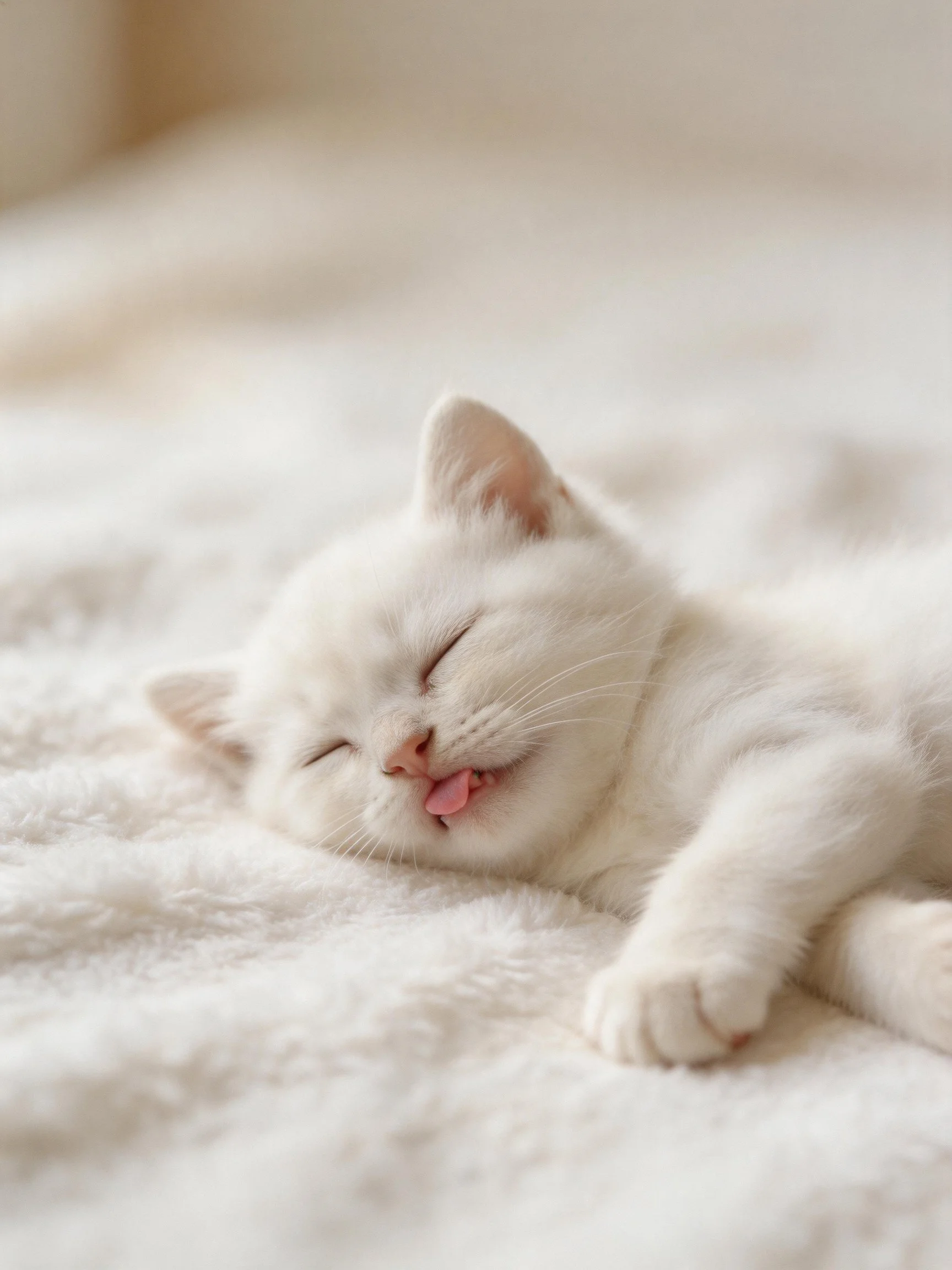 A small white kitten napping on a plush, cream-colored blanket