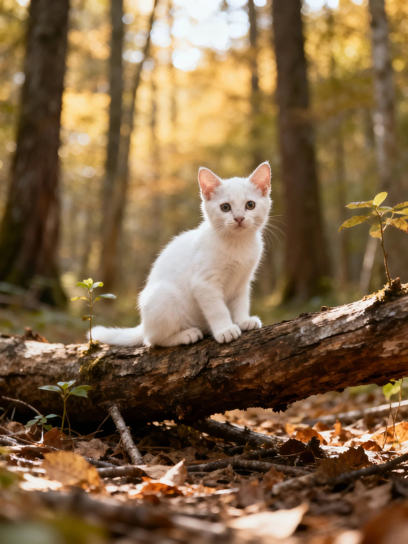 A small white kitten sits on a fallen log in a sunlit forest