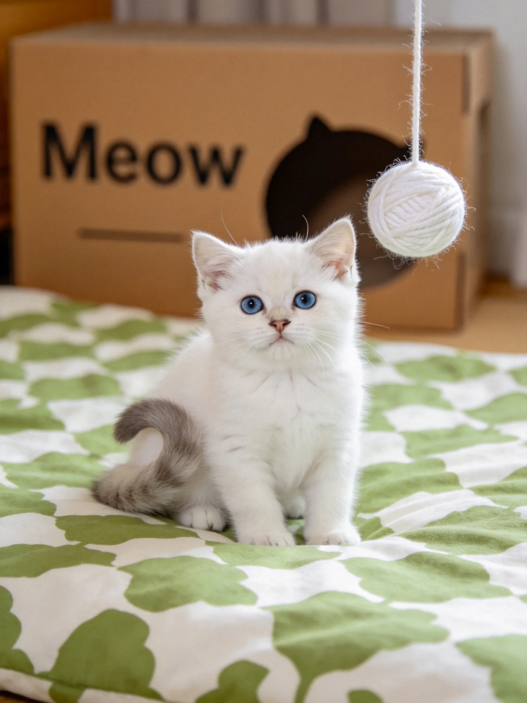 A small white kitten sits on a green-patterned bed near a cardboard box and yarn toy.