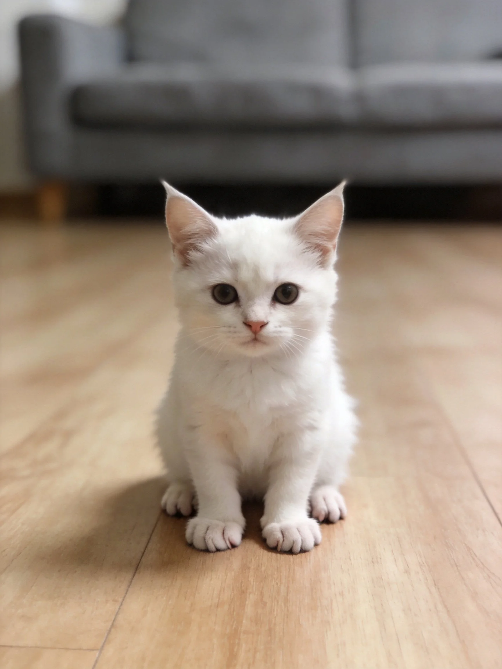 A small white kitten sits on a wooden floor with a gray sofa in the background
