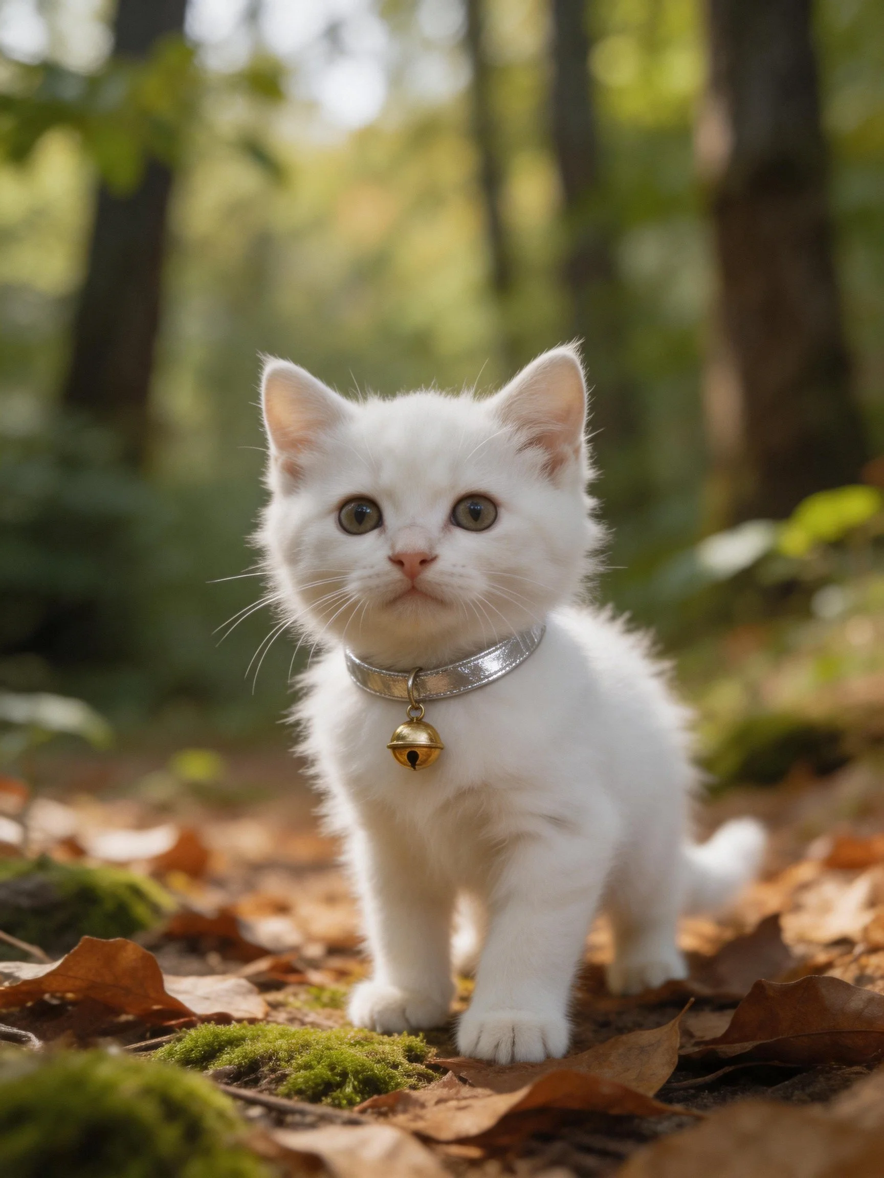 A small white kitten stands in a sunlit forest clearing amid leaves and moss.