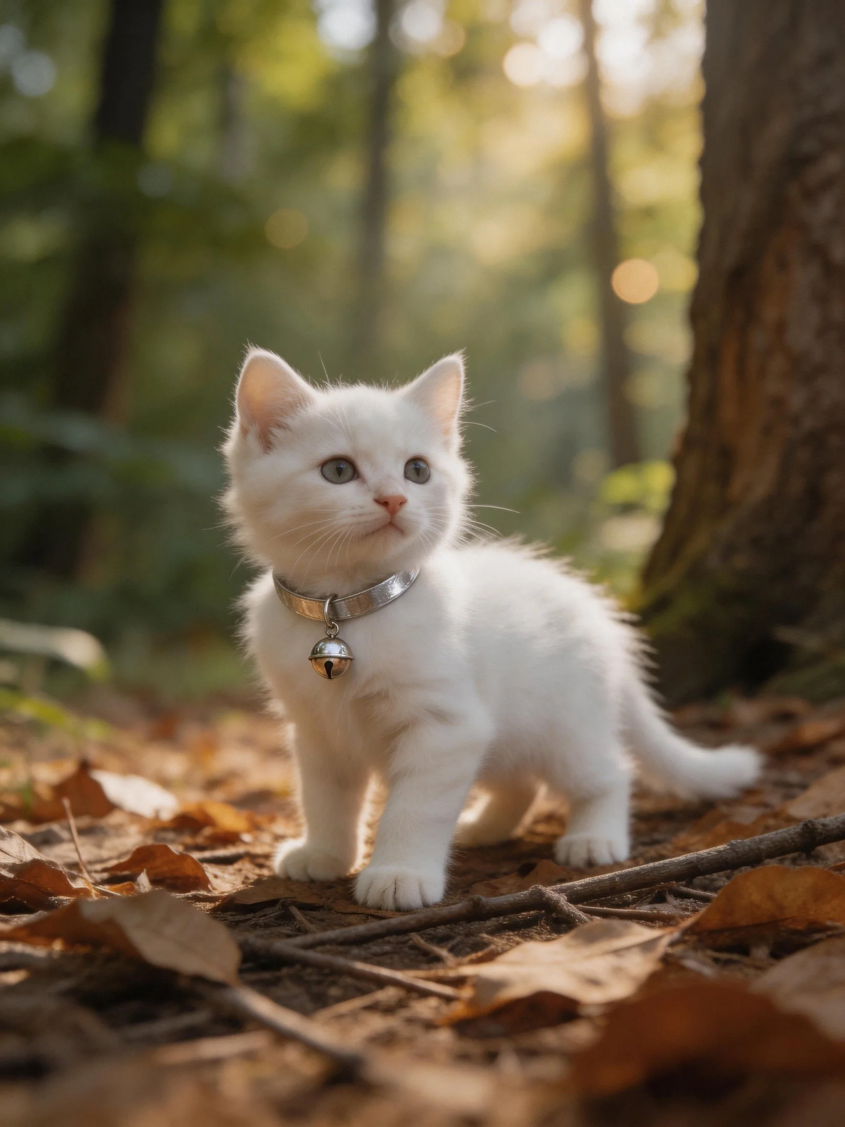 A small white kitten with a silver bell collar explores a sunlit forest floor