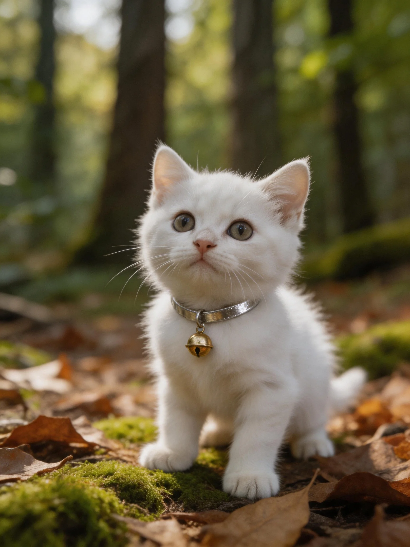 A small white kitten with a silver bell collar in a forest clearing