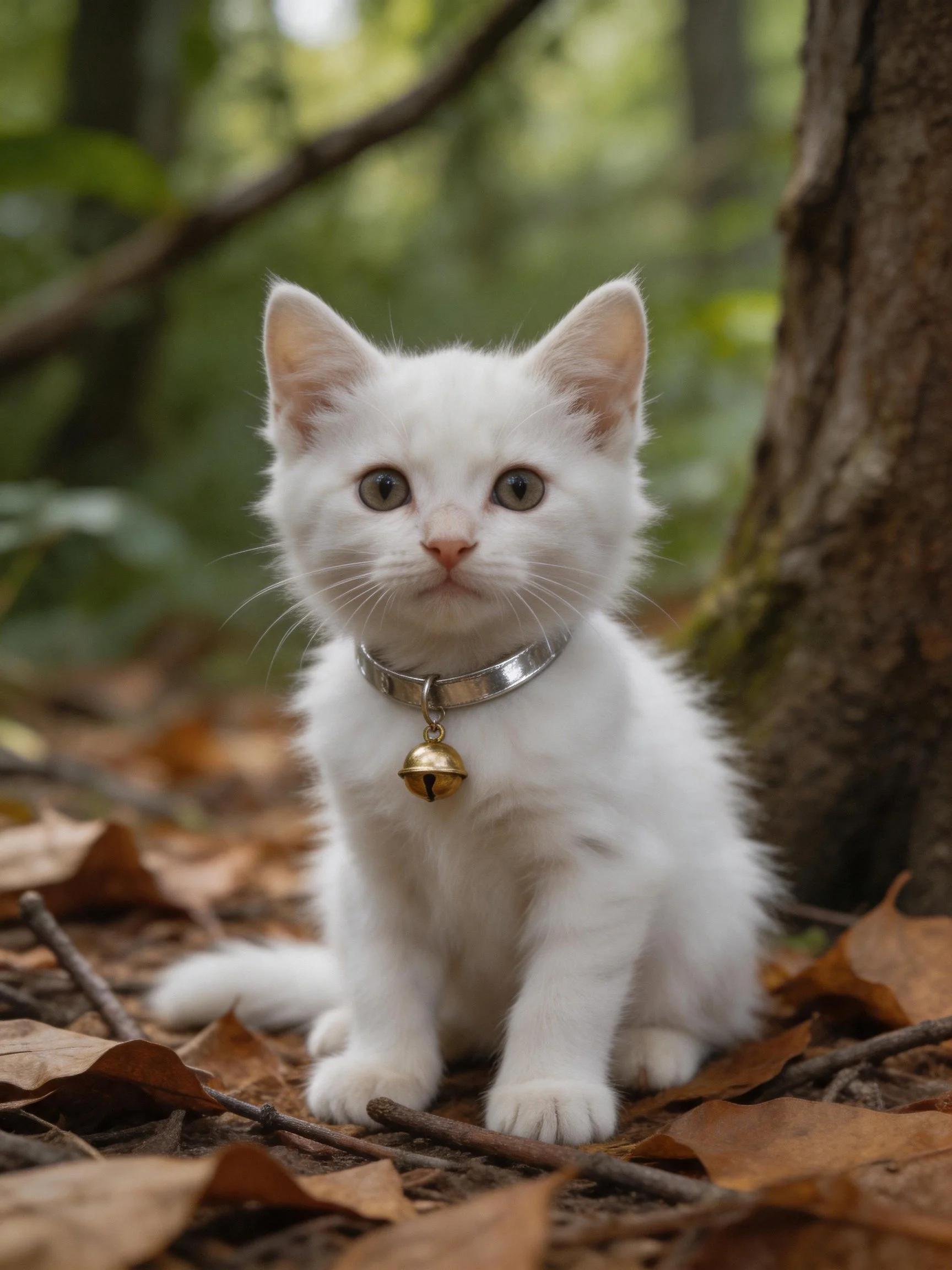 A small white kitten with a silver collar sits among autumn leaves near a tree