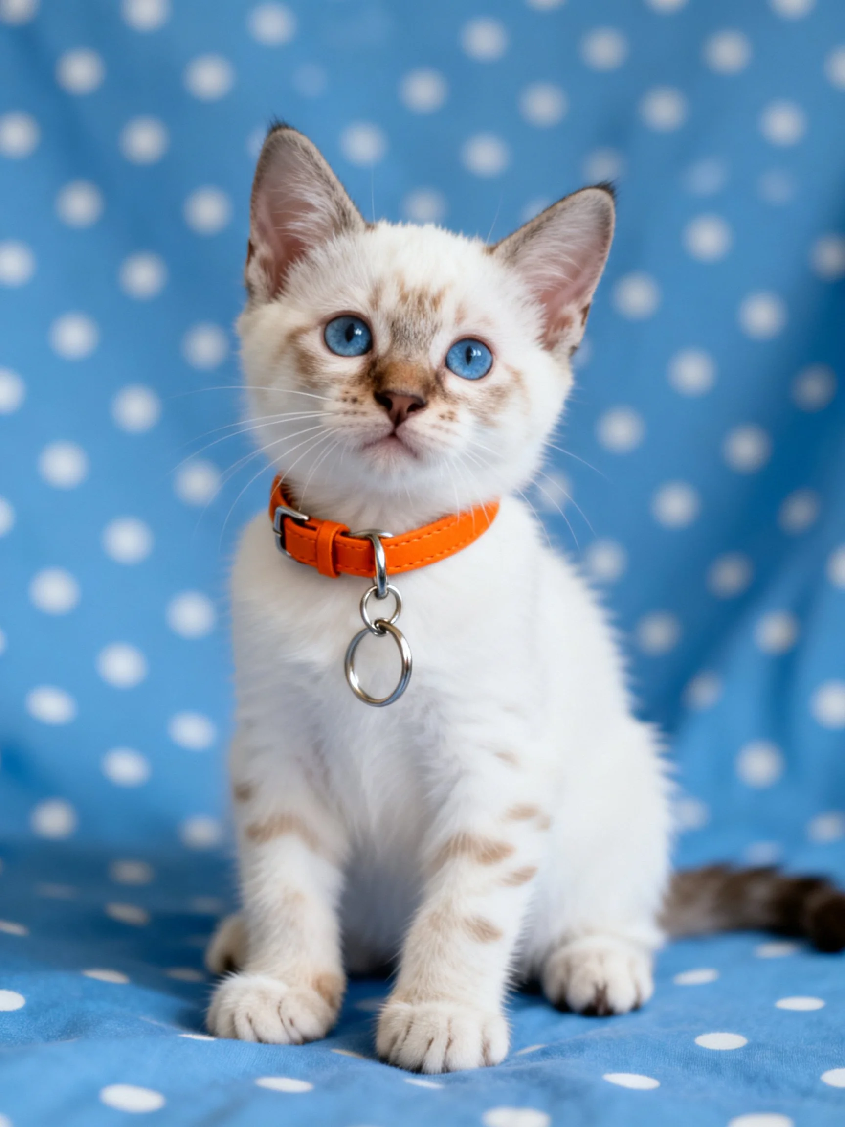A small white kitten with an orange collar sits on blue polka-dot fabric.