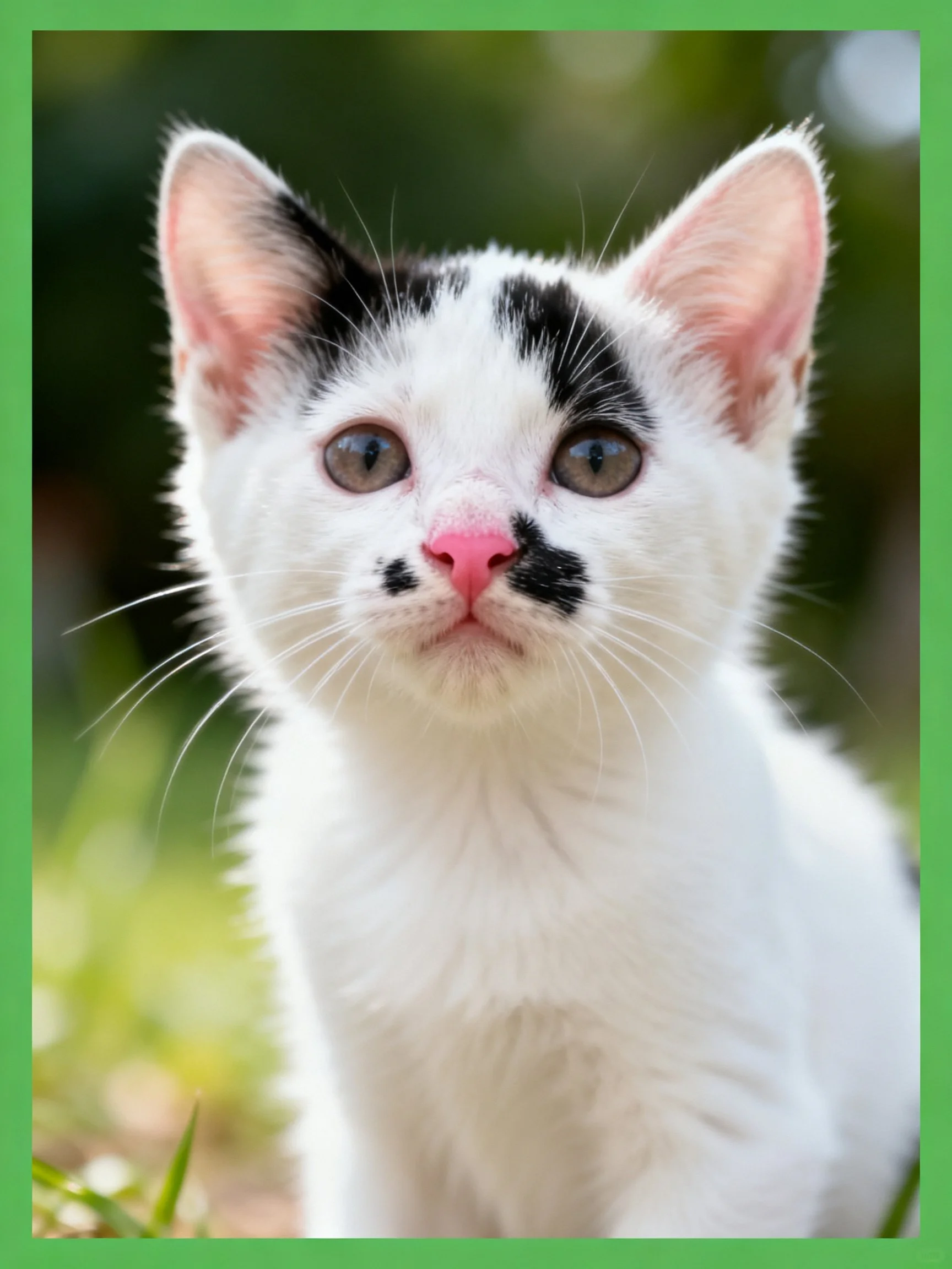 A small white kitten with black facial markings sits outdoors.