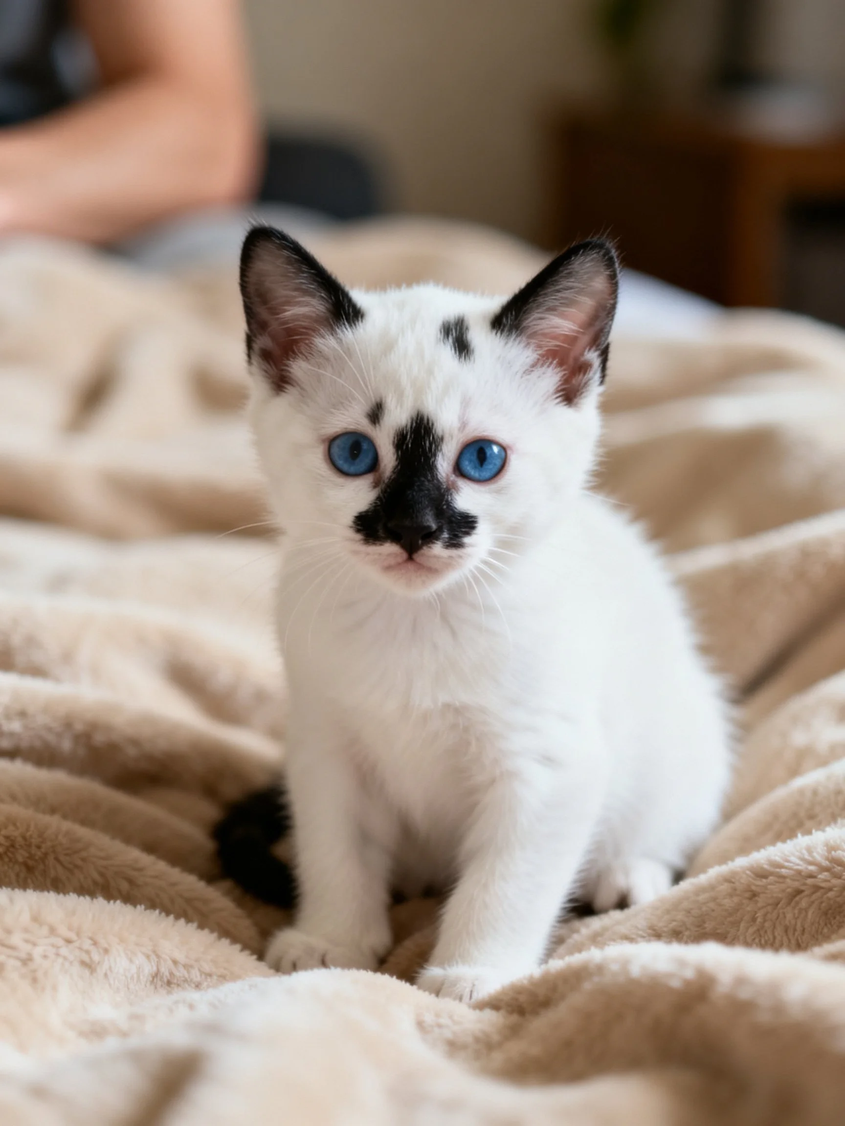A small white kitten with black markings sits on a soft blanket