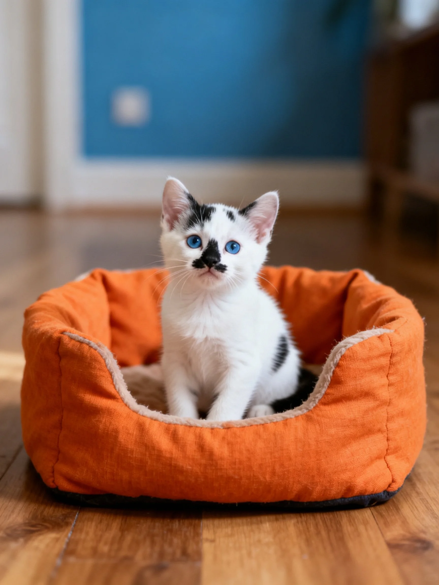 A small white kitten with black markings relaxes in an orange pet bed indoors.